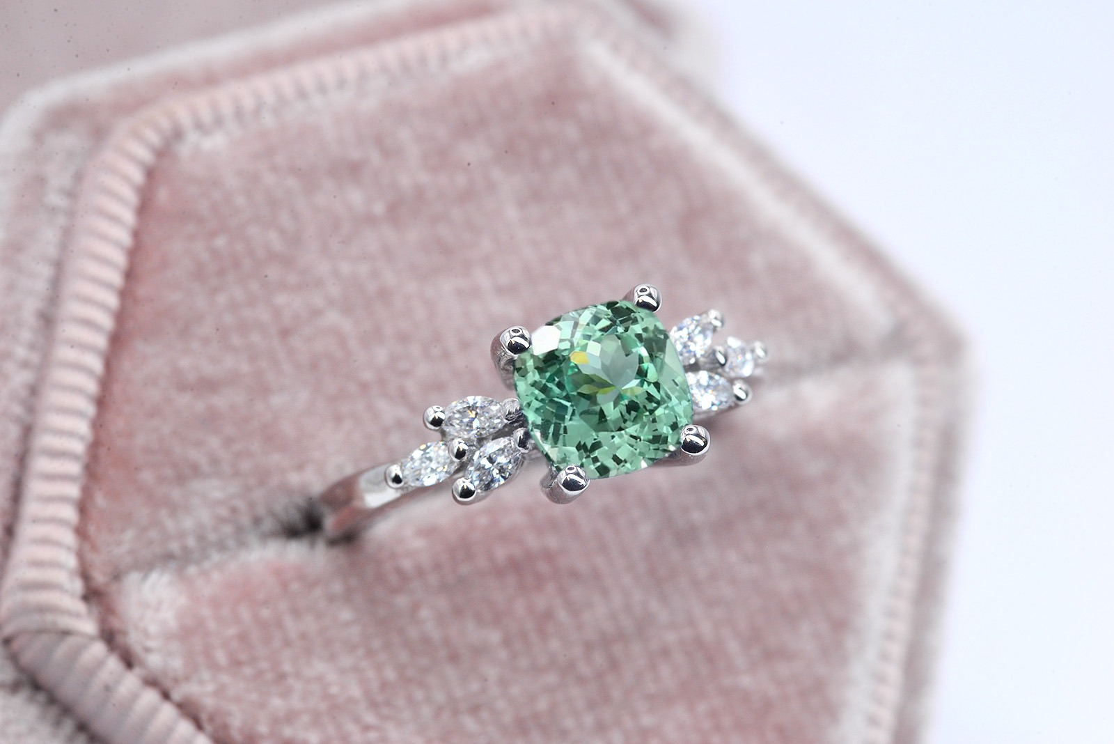 cushion cut mint green sapphire ring