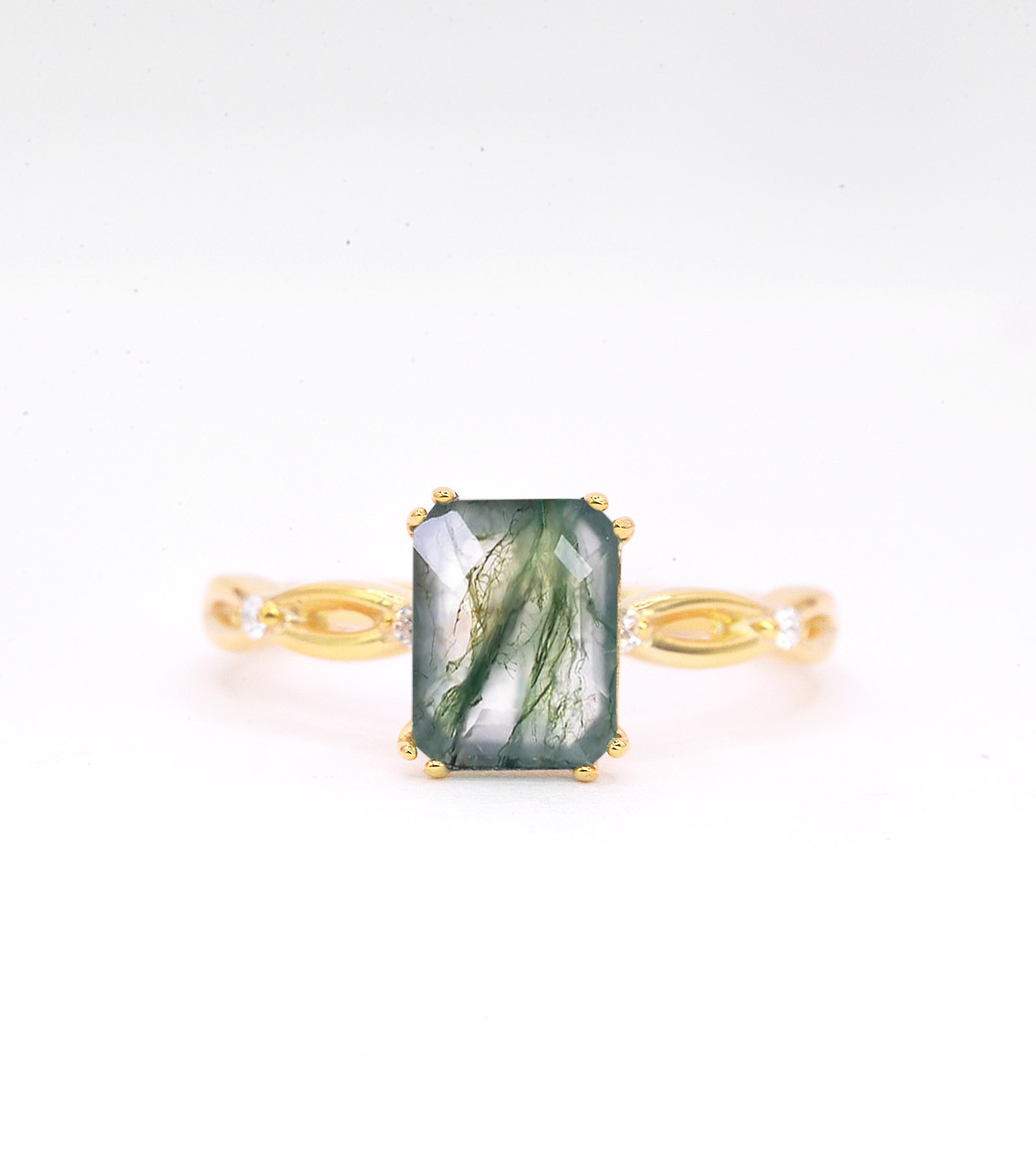moss agate and diamond art deco ring