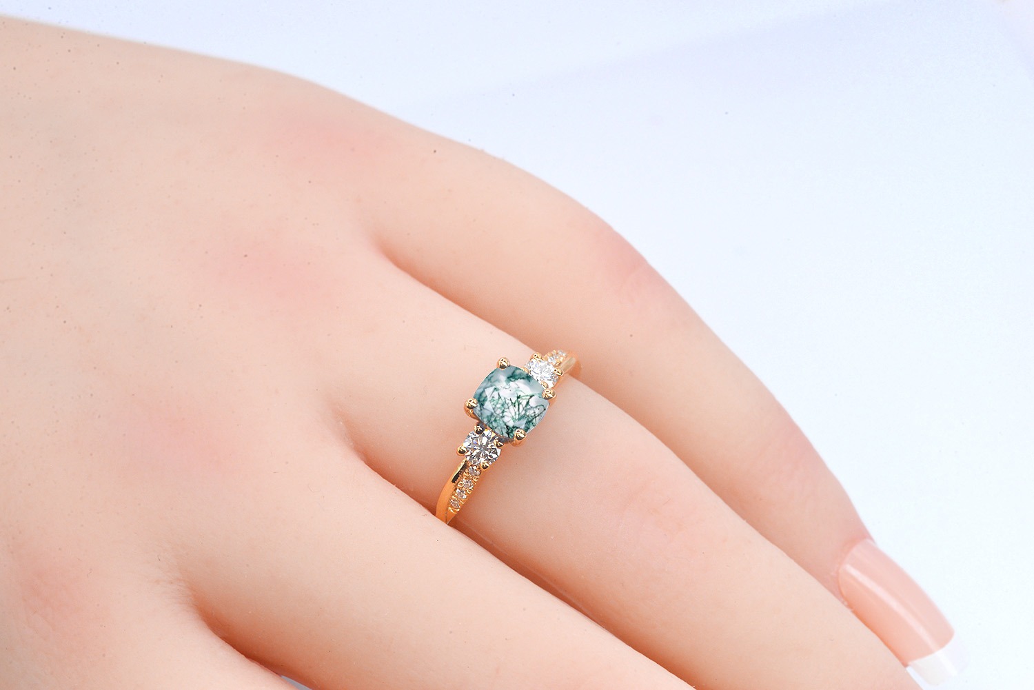 6mm moss agate and diamond art deco ring