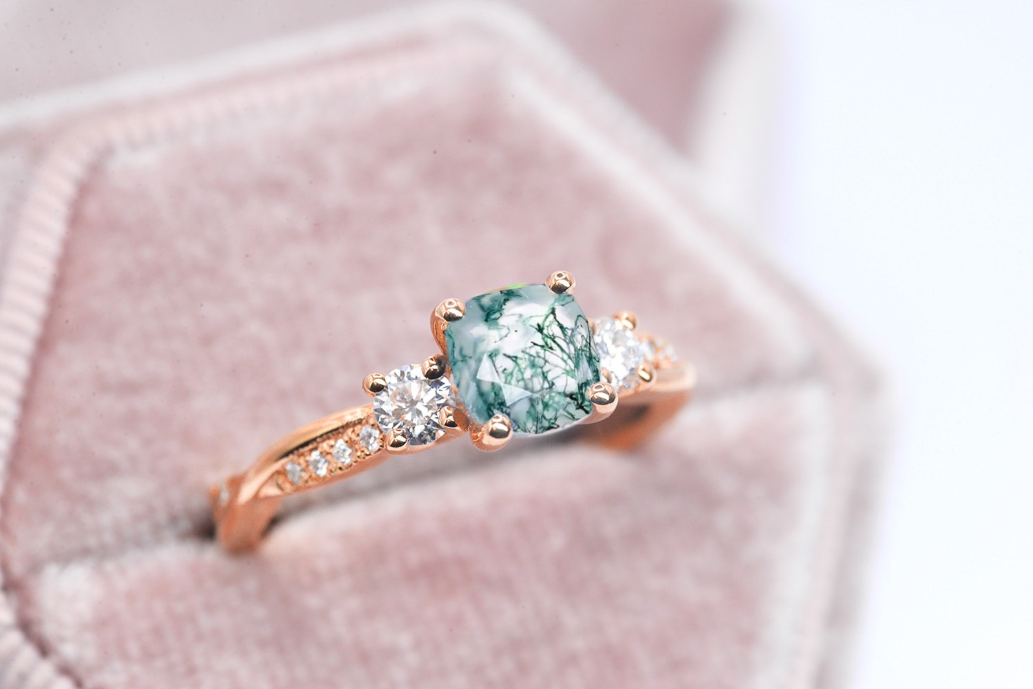 6mm moss agate and diamond art deco ring