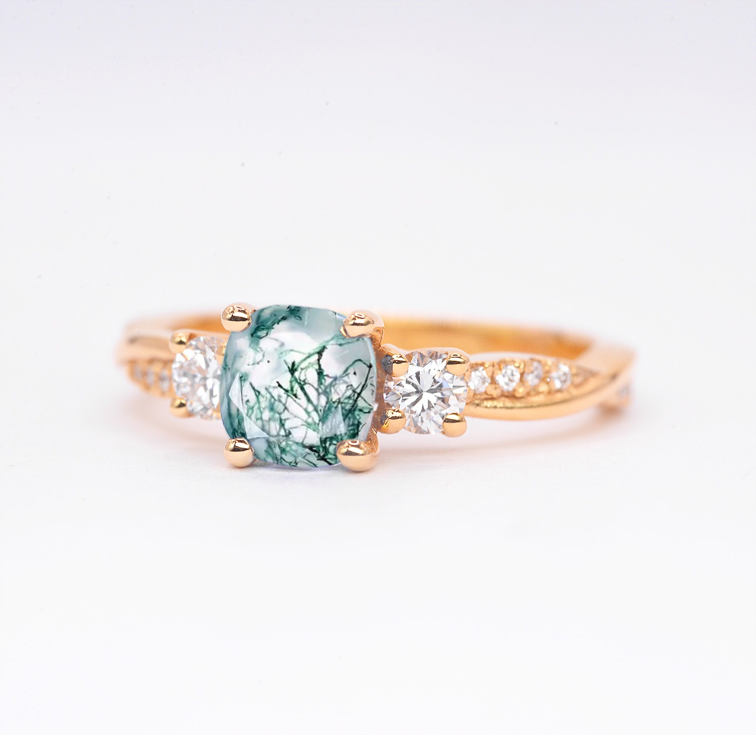 6mm moss agate and diamond art deco ring