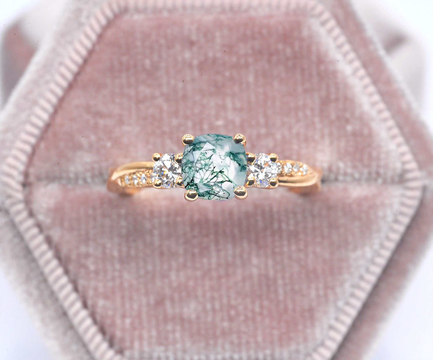 6mm moss agate and diamond art deco ring
