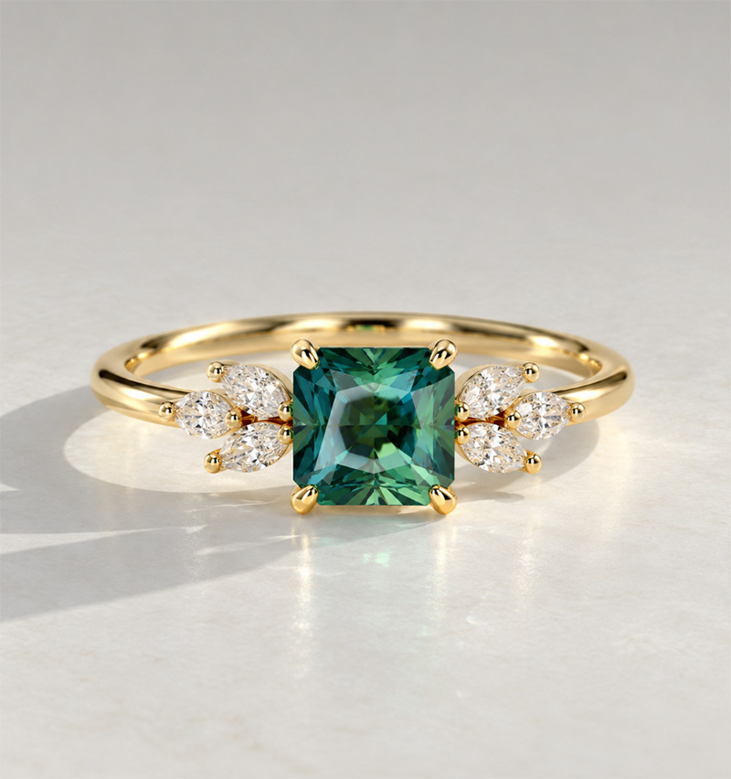 1.5ct Teal Sapphire Engagement Ring - Floral Diamond - Image 5