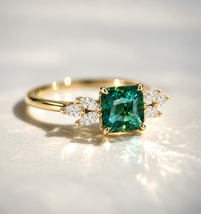 1.5ct Teal Sapphire Engagement Ring - Floral Diamond - Image 2