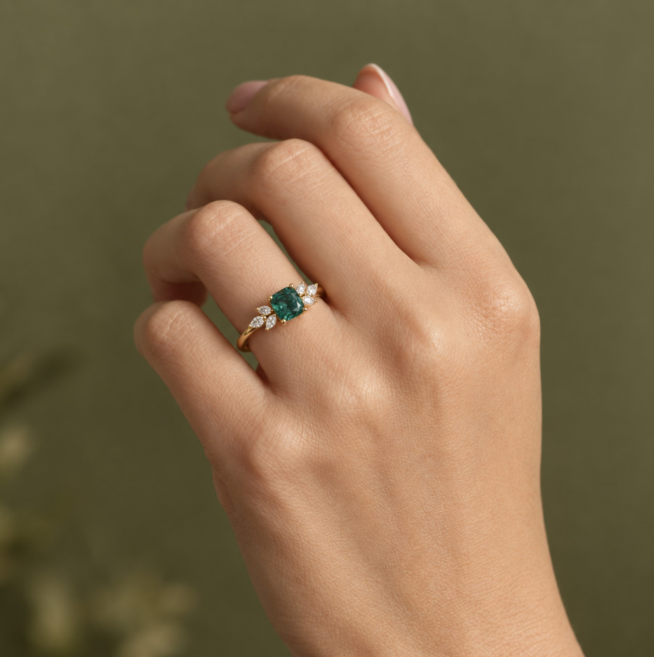 1.5ct Teal Sapphire Engagement Ring - Floral Diamond - Image 3