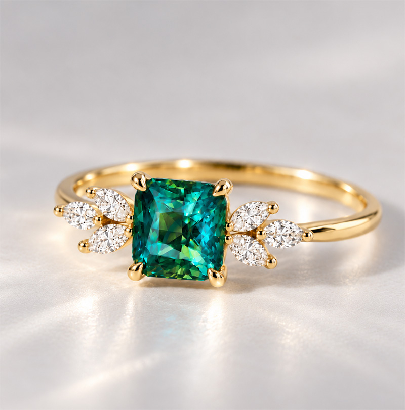 1.5ct Teal Sapphire Engagement Ring - Floral Diamond - Image 4
