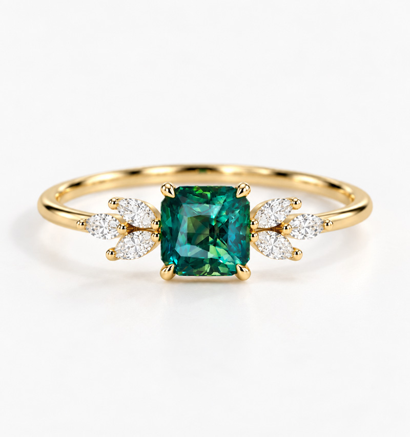 nature inspired teal sapphire engagement ring
