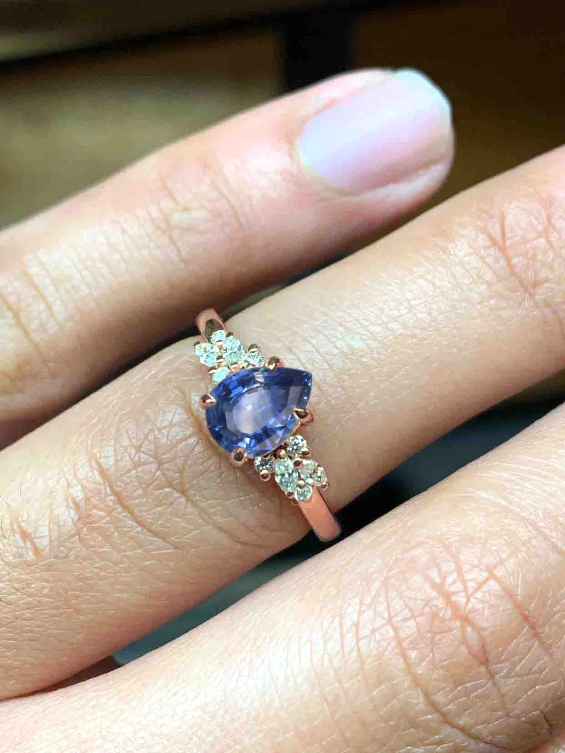 blue sapphire and diamond ring with black diamond and white accent diamonds. This unique art deco ring comes with solid 9k,14k or 18k rose gold.