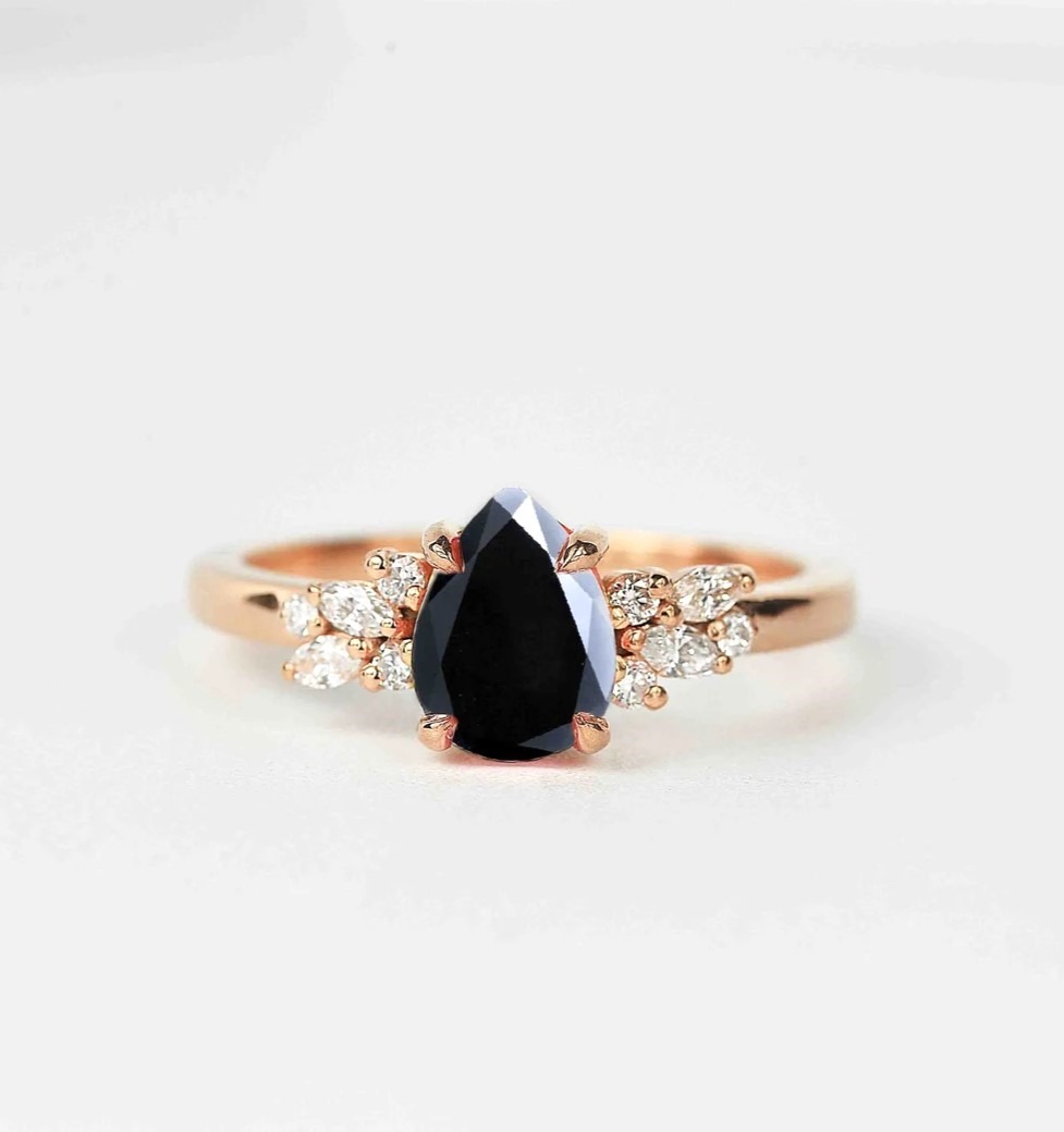 black diamond featuring cluster ring with black diamond and white accent diamonds. This unique art deco ring comes with solid 9k,14k or 18k rose gold.