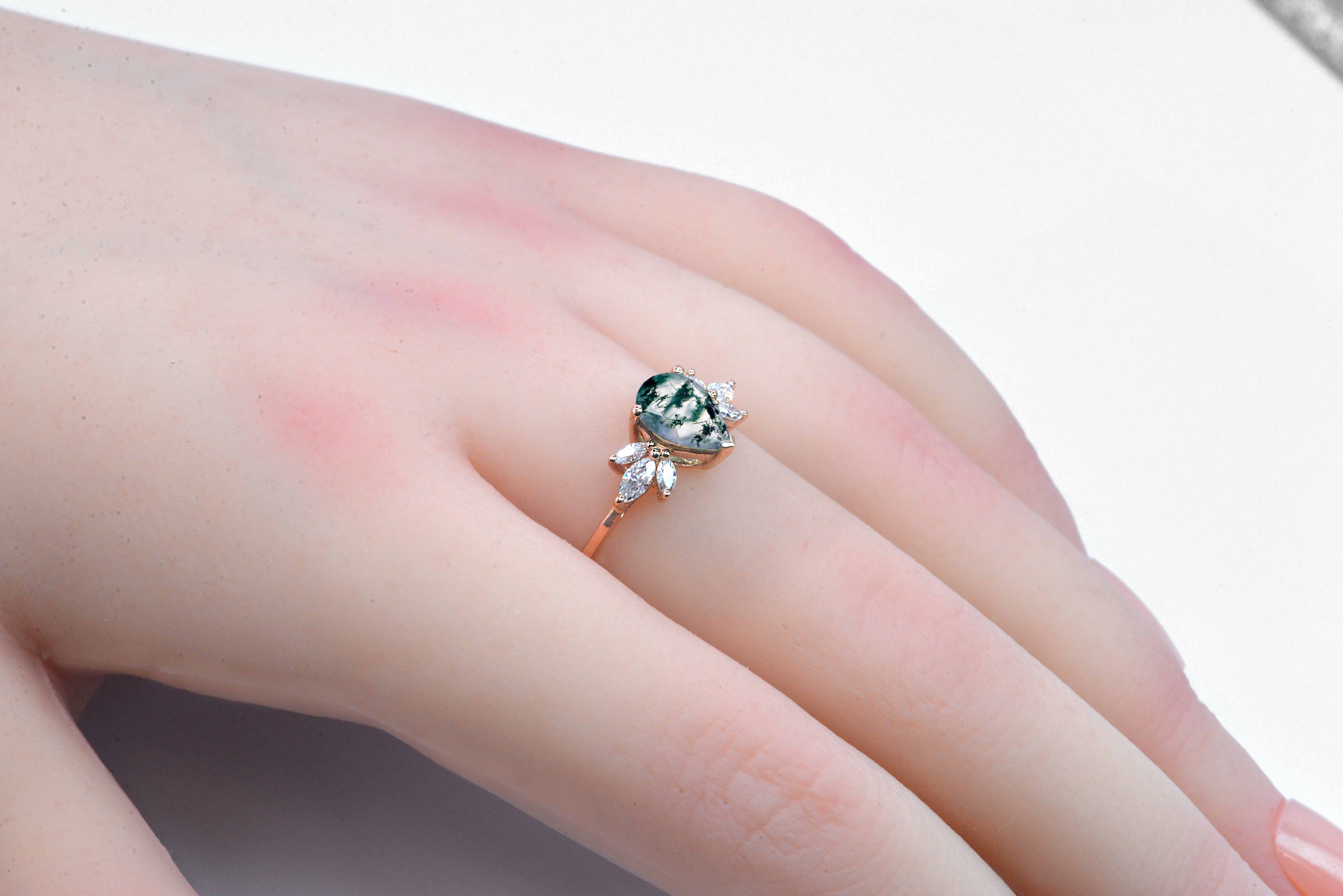 moss agate and diamond engagement ring with agate and white diamonds. This unique art deco ring comes with solid 9k,14k or 18k rose gold.