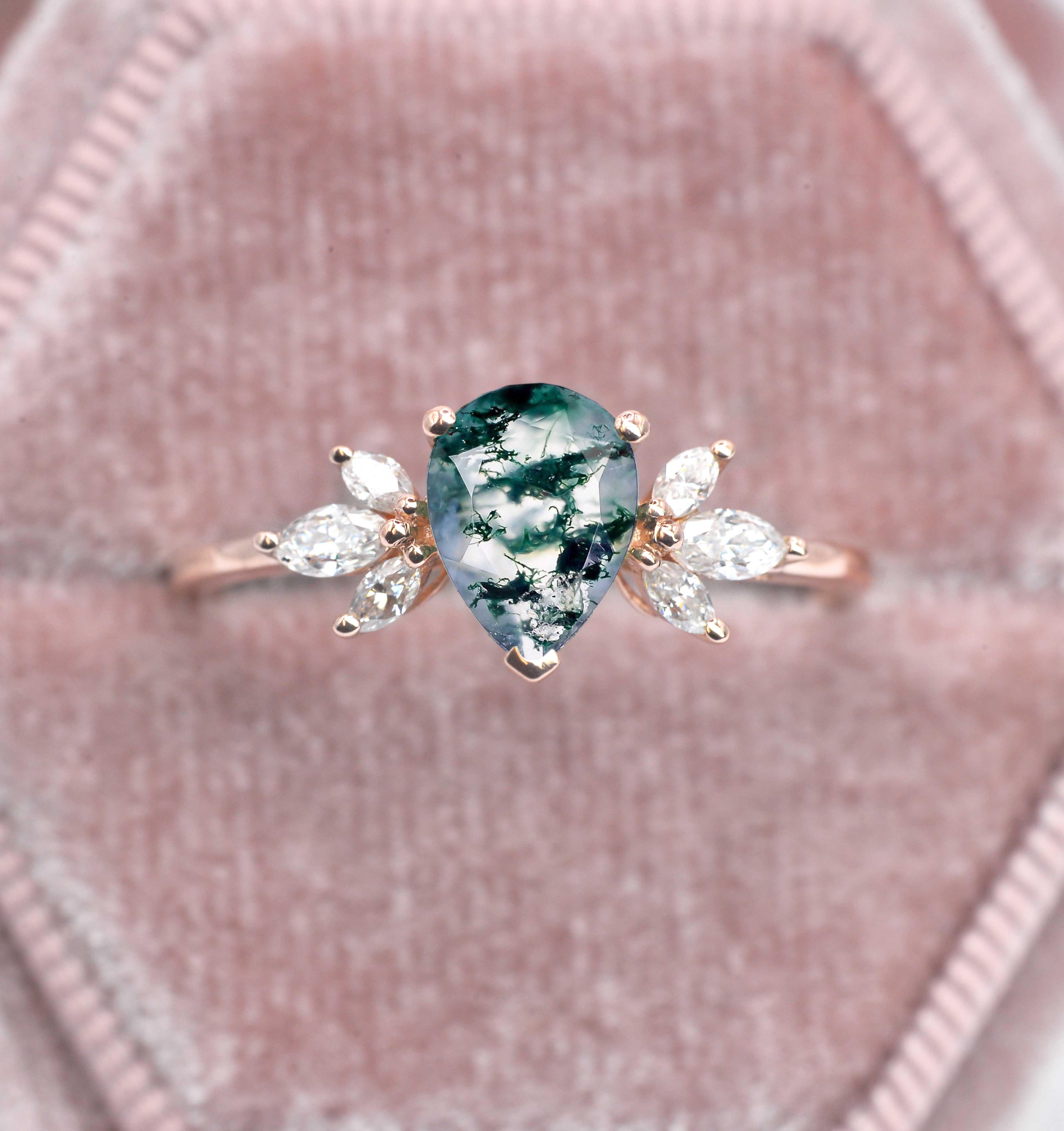 moss agate and diamond engagement ring with agate and white diamonds. This unique art deco ring comes with solid 9k,14k or 18k rose gold.