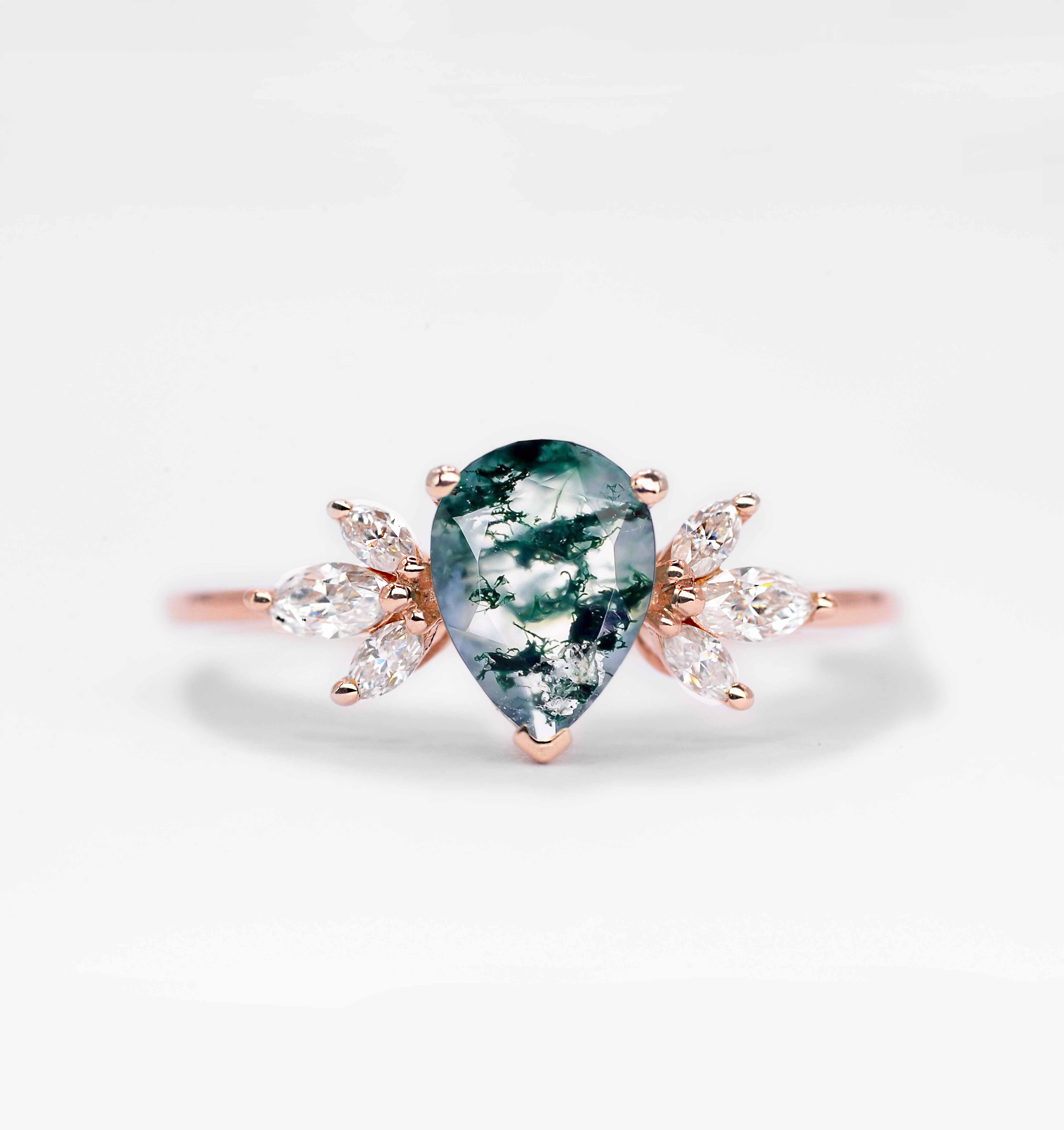 moss agate and diamond engagement ring with agate and white diamonds. This unique art deco ring comes with solid 9k,14k or 18k rose gold.