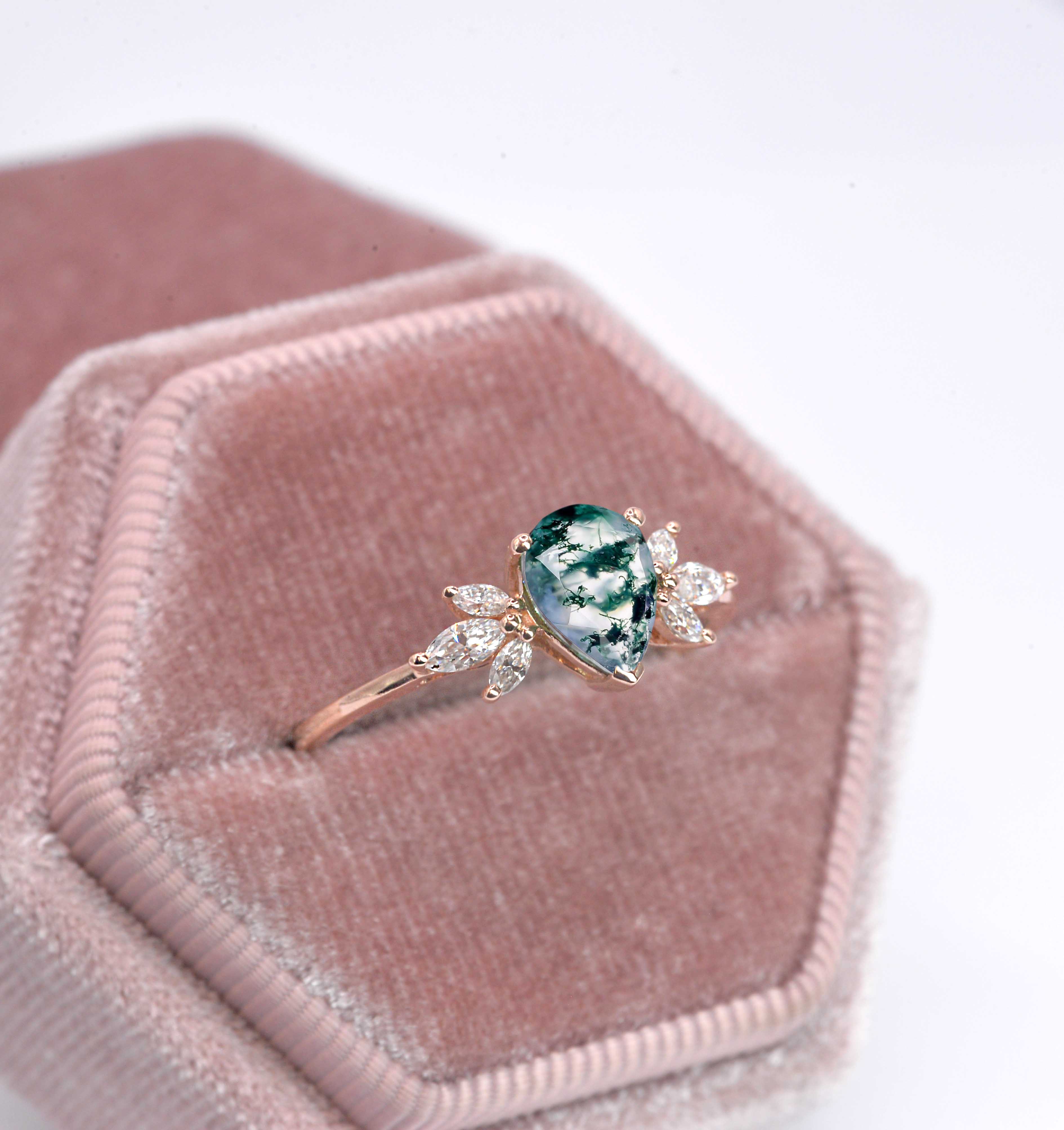 moss agate and diamond engagement ring with agate and white diamonds. This unique art deco ring comes with solid 9k,14k or 18k rose gold.