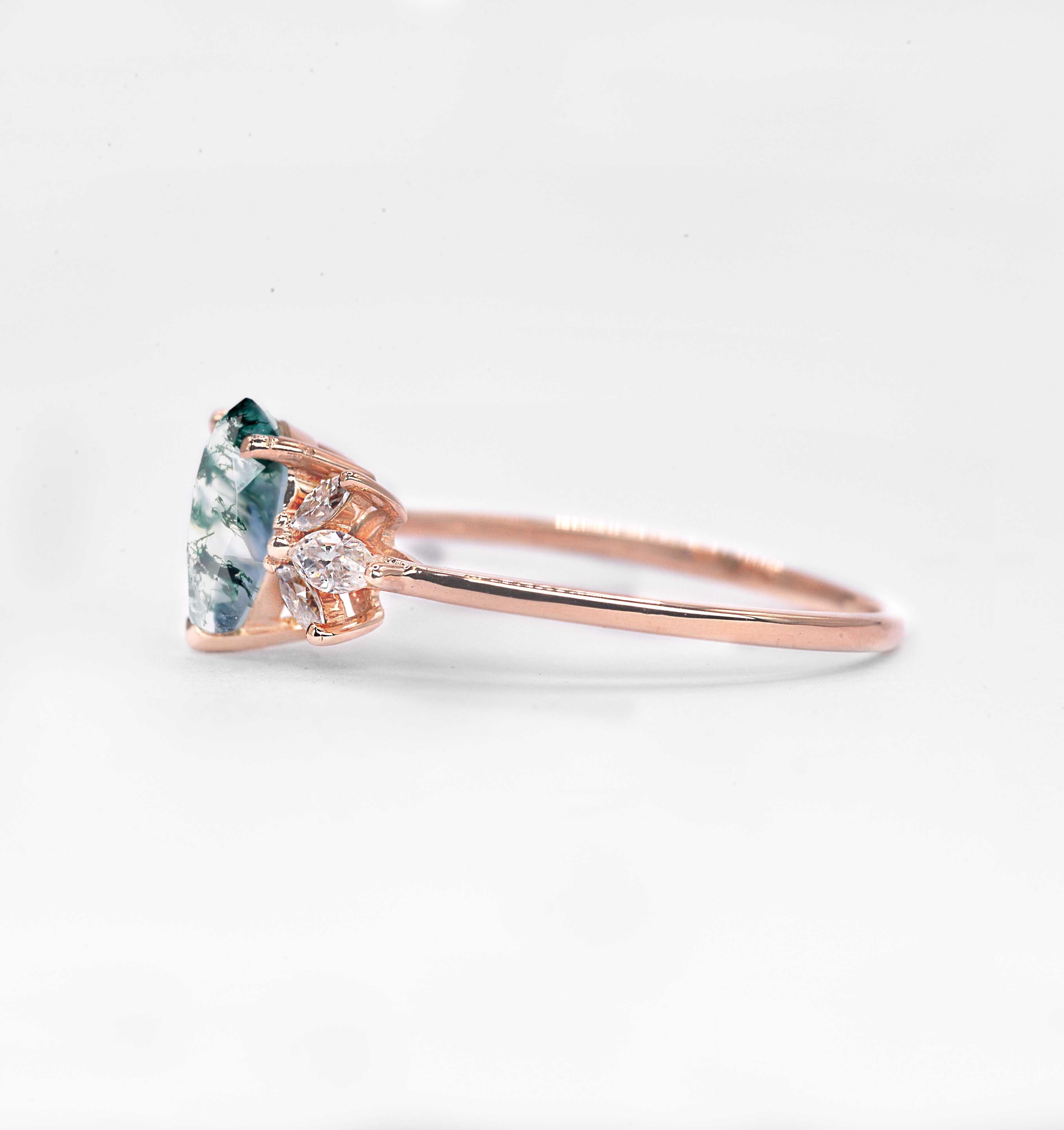 moss agate and diamond engagement ring with agate and white diamonds. This unique art deco ring comes with solid 9k,14k or 18k rose gold.