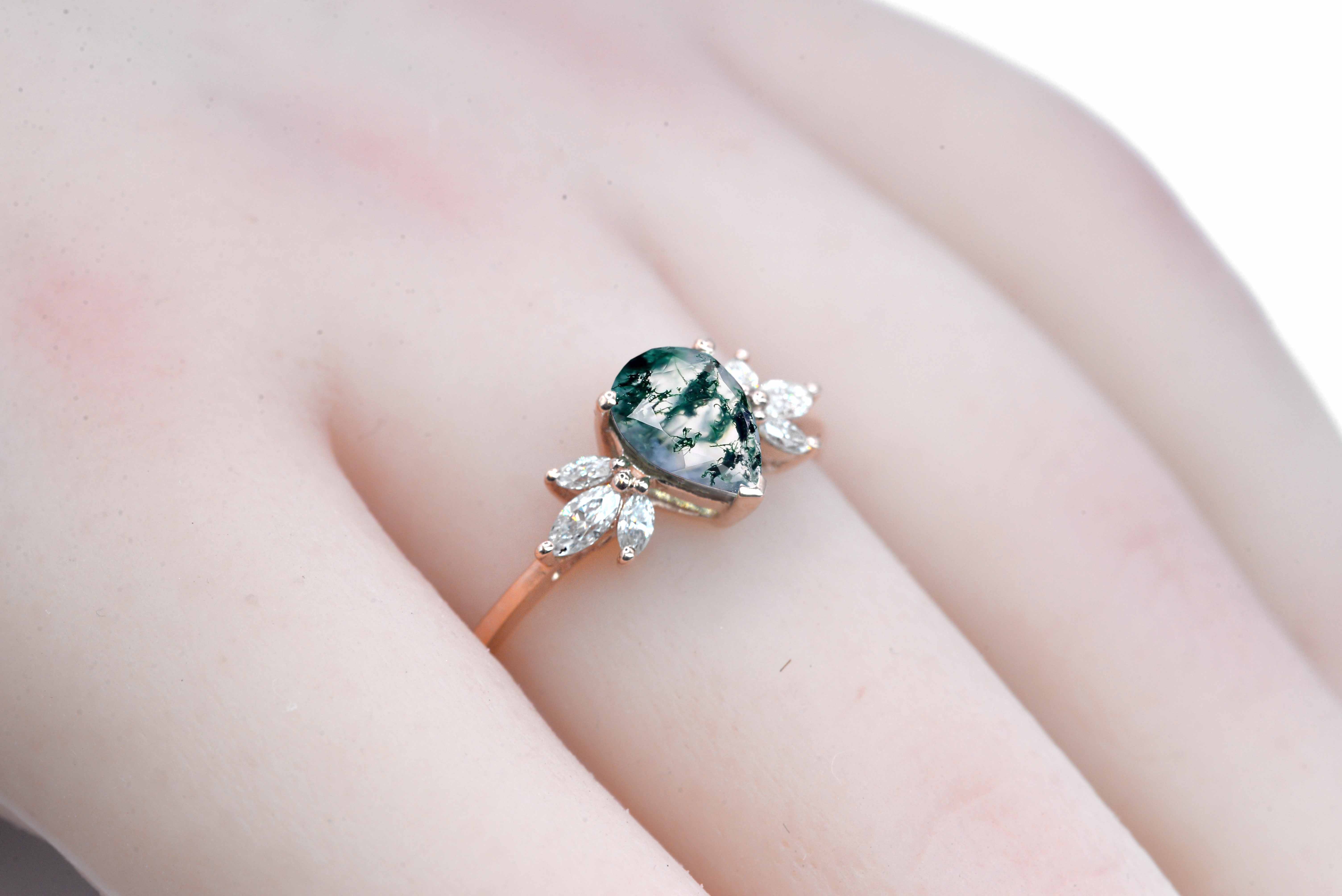moss agate and diamond engagement ring with agate and white diamonds. This unique art deco ring comes with solid 9k,14k or 18k rose gold.