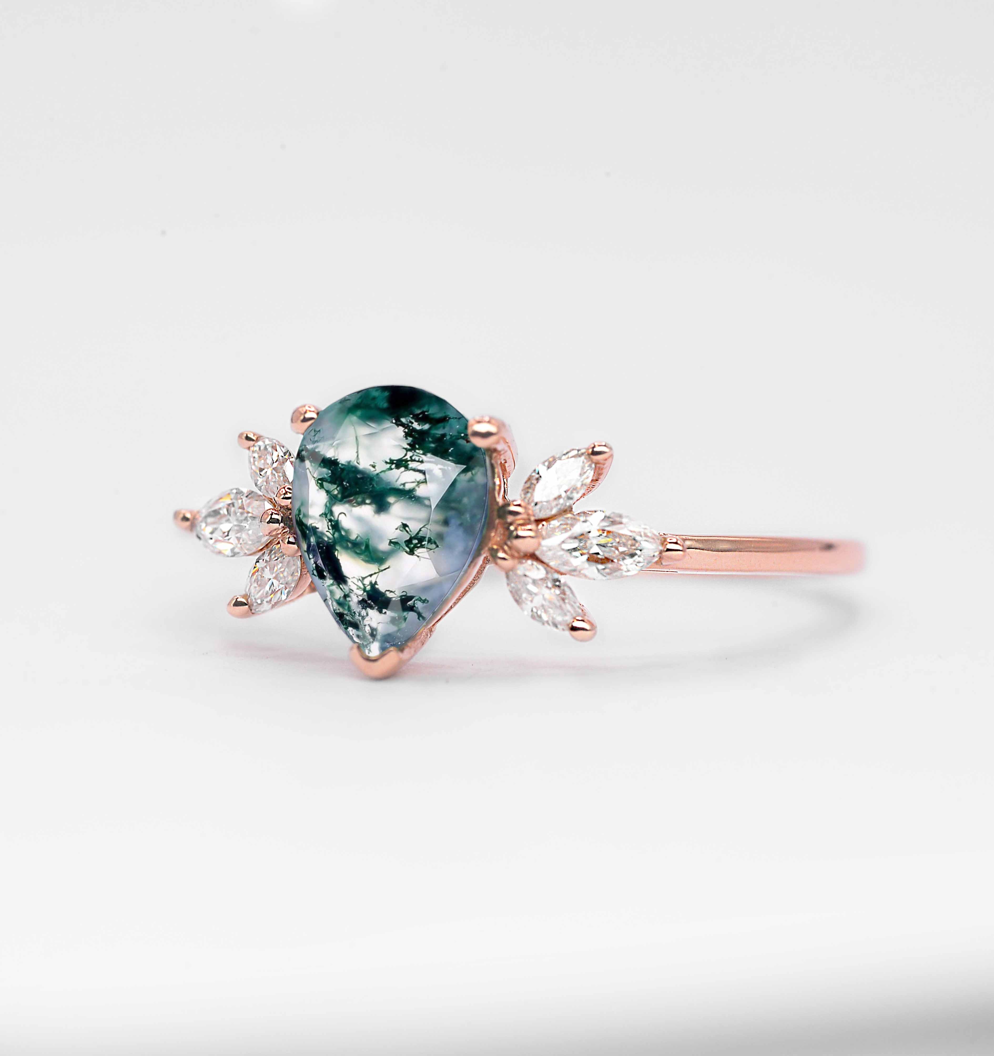 moss agate and diamond engagement ring with agate and white diamonds. This unique art deco ring comes with solid 9k,14k or 18k rose gold.
