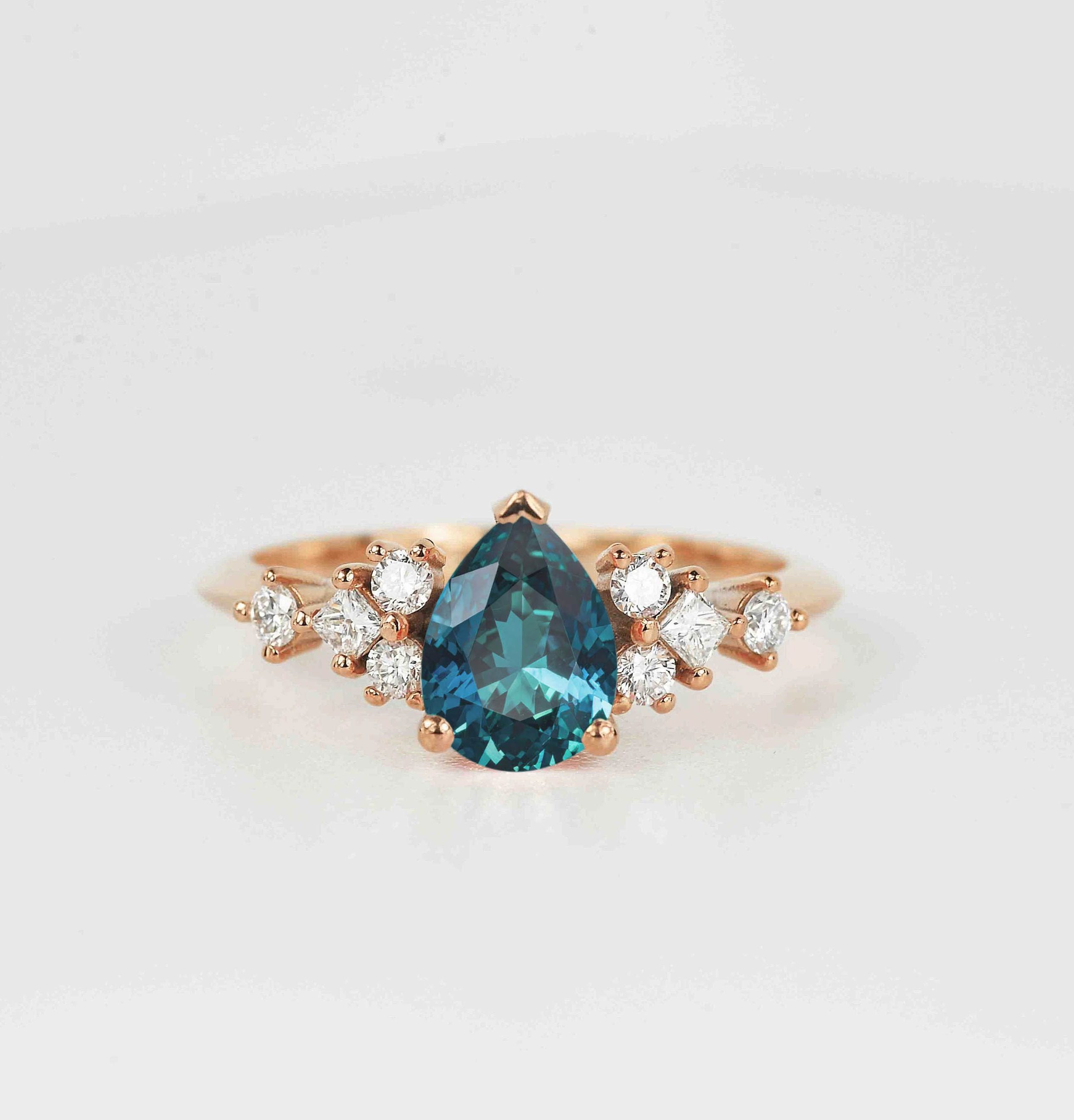 Pear Cut Montana Teal Sapphire Celestial Solitare Ring