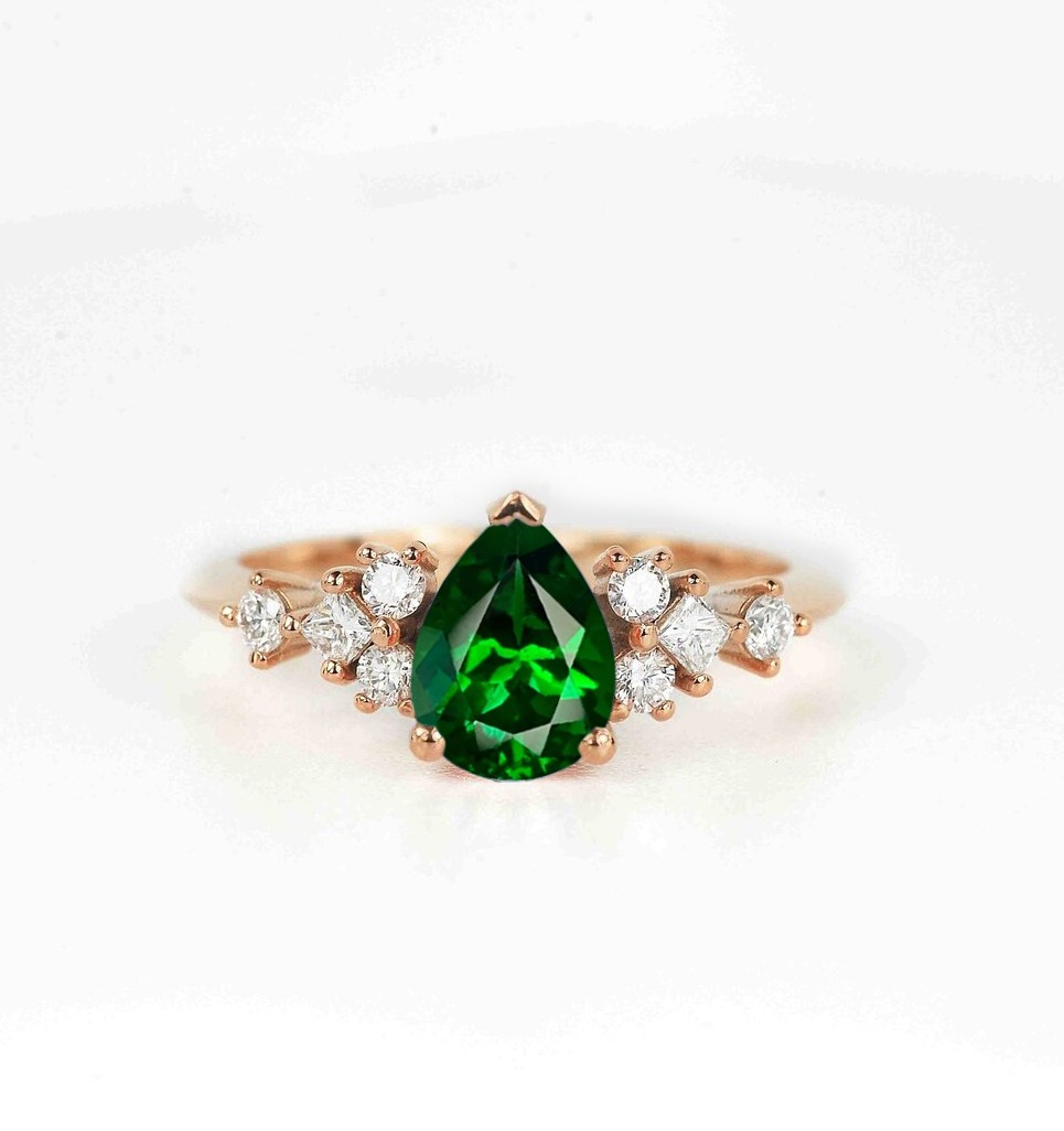 tsavorite and diamond gift ring with white accent diamonds. This unique art deco ring comes with solid 9k,14k or 18k rose gold.
