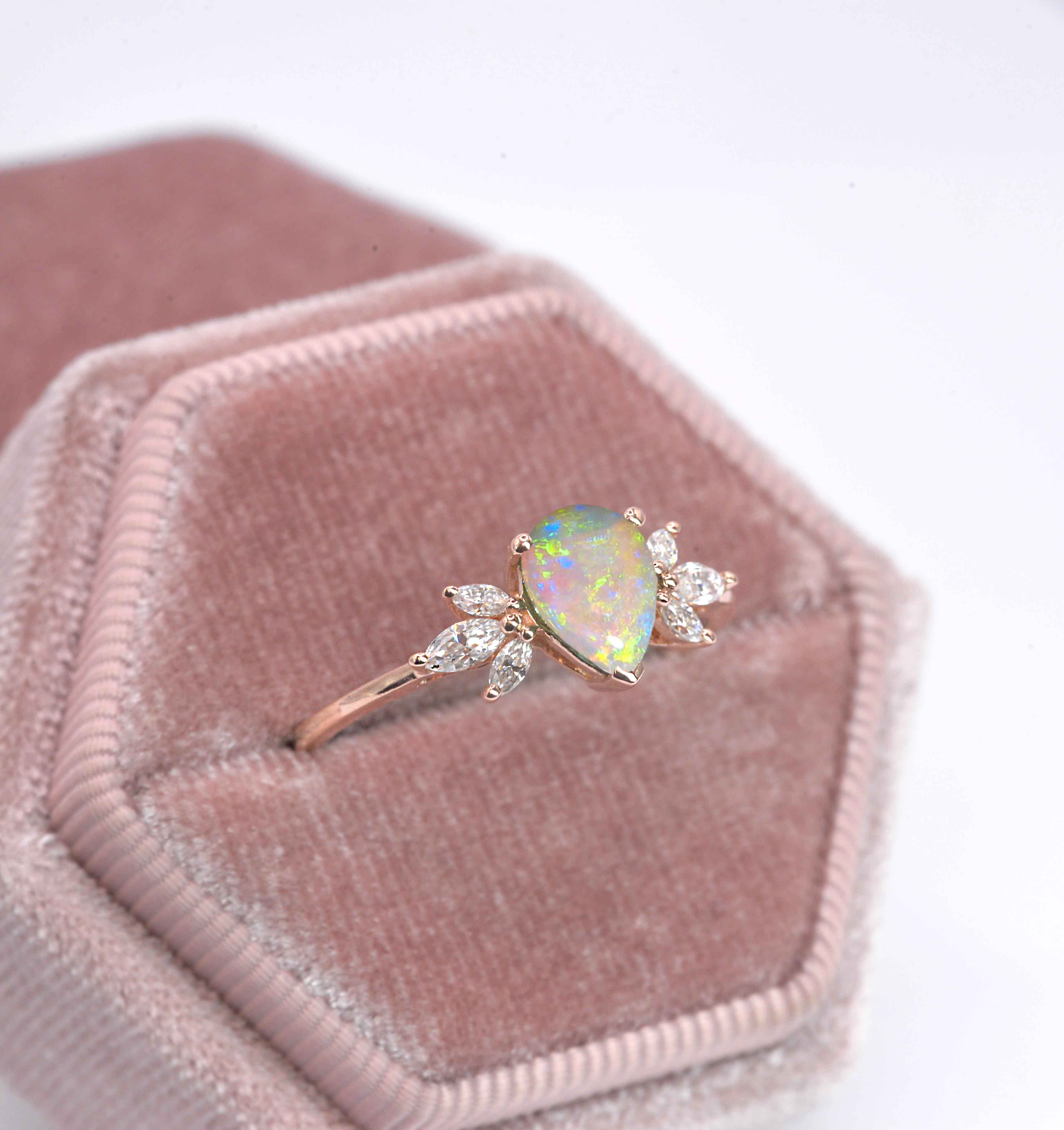 opal and marquise diamond cluster ring with opal and white diamonds. This unique art deco ring comes with solid 9k,14k or 18k rose gold.