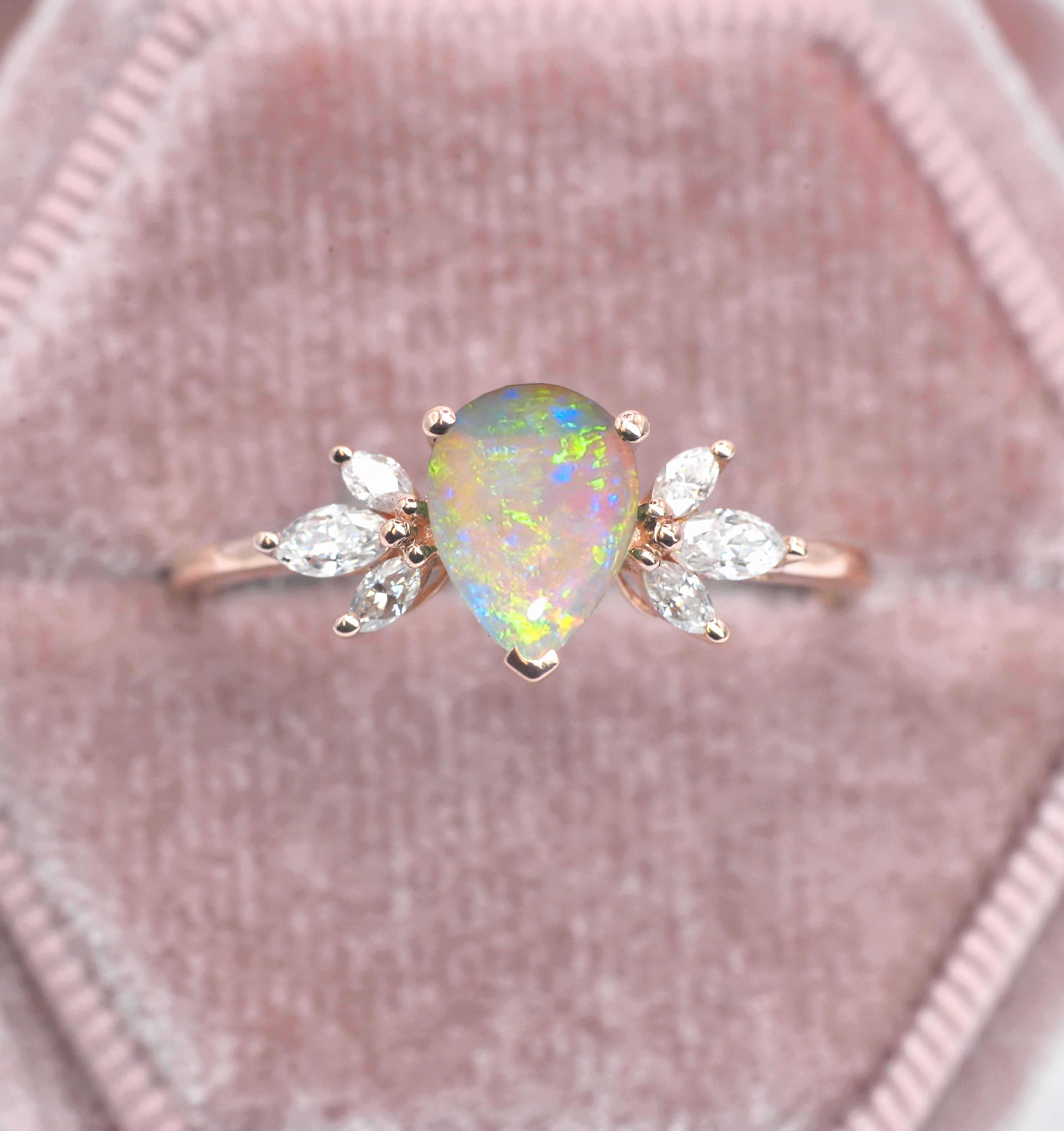 opal and marquise diamond cluster ring with opal and white diamonds. This unique art deco ring comes with solid 9k,14k or 18k rose gold.