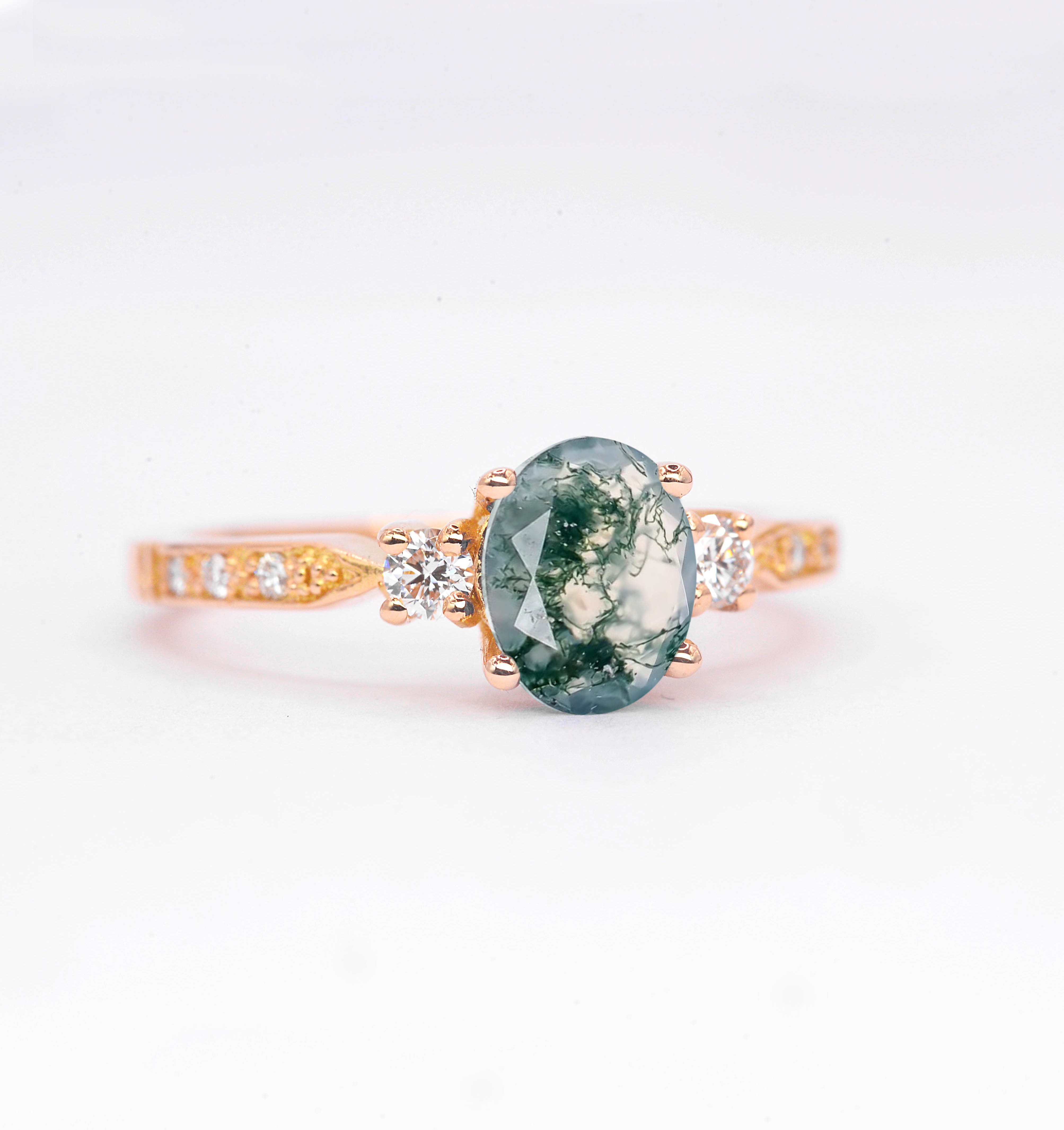 Moss Agate And Diamond Unique Engagement Ring - Image 2