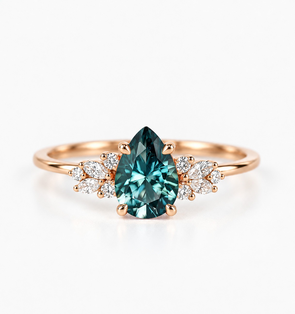 pear cut teal sapphire and diamond cluster engagement ring