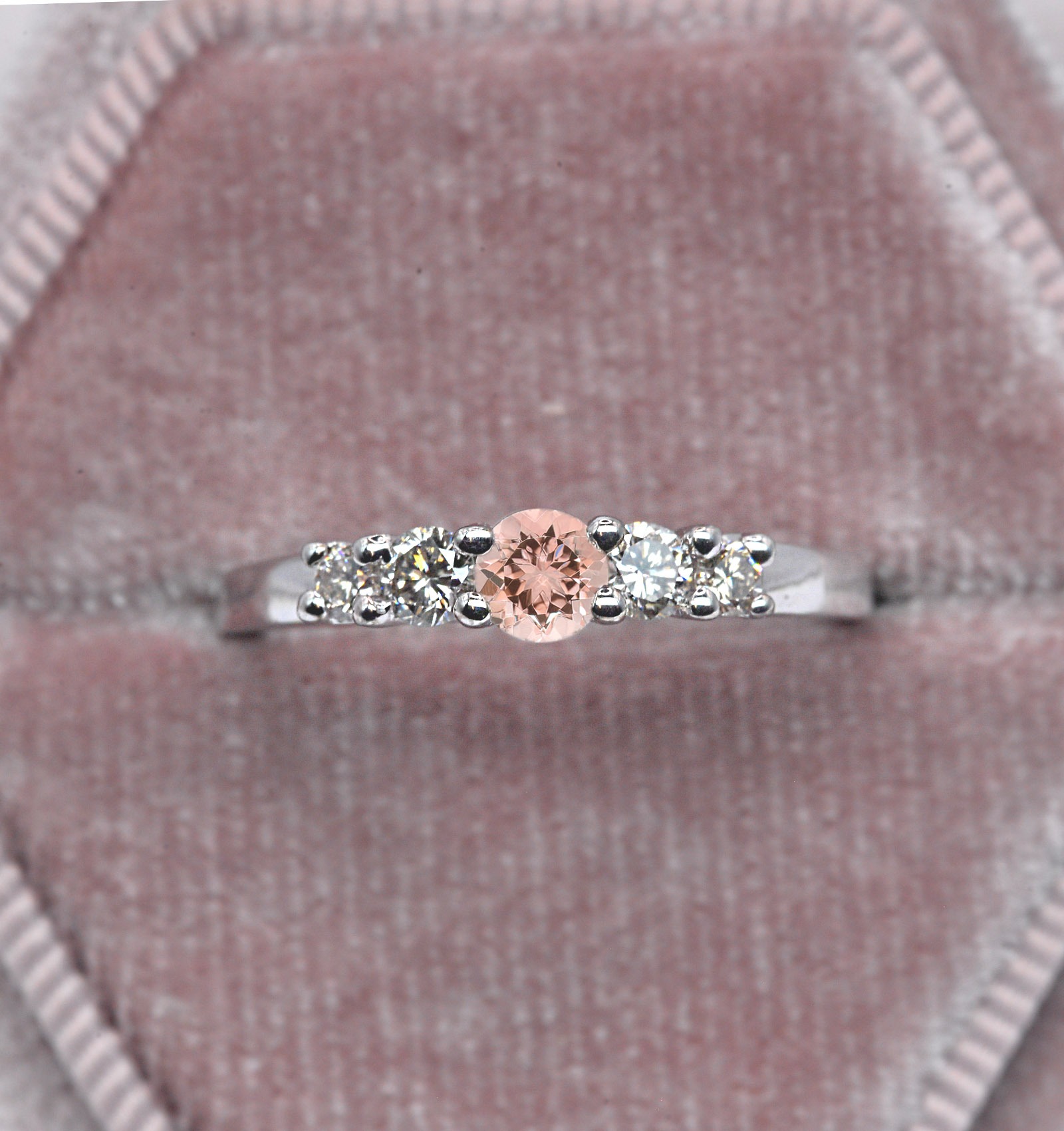 4mm morganite and diamond ring with 4.5mm round morganite and white diamonds. The unique art deco style ring comes with solid 9k,14k or 18k gold or platinum.