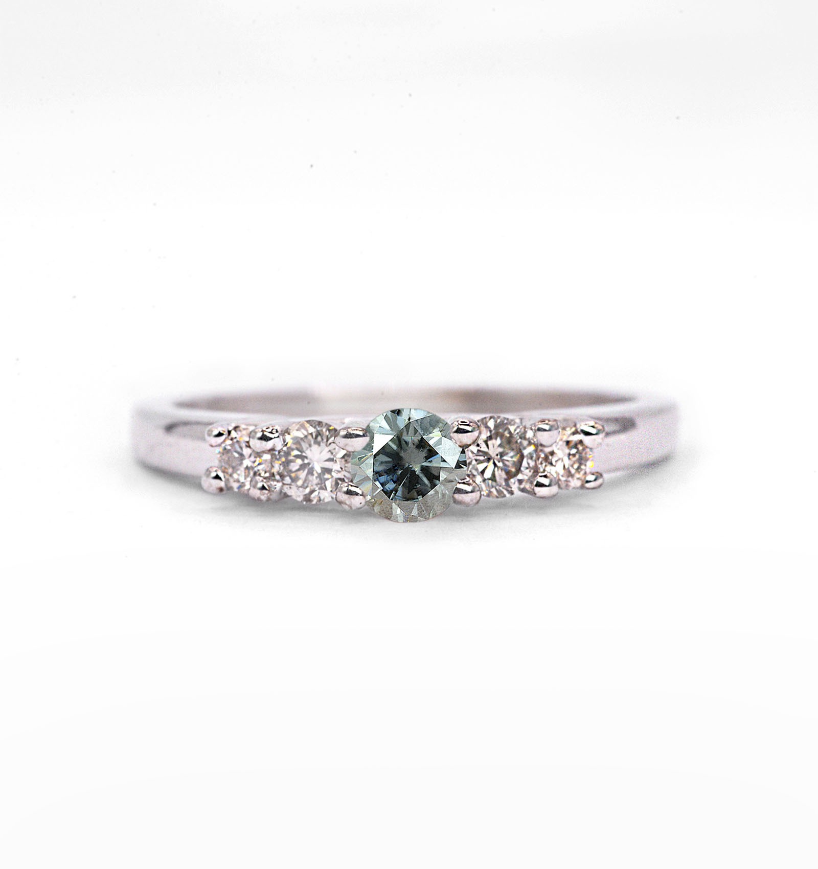 5mm grey moissanite and diamond gift ring with 4.5mm round grey moissanite and white diamonds. The unique art deco style ring comes with solid 9k,14k or 18k gold or platinum.