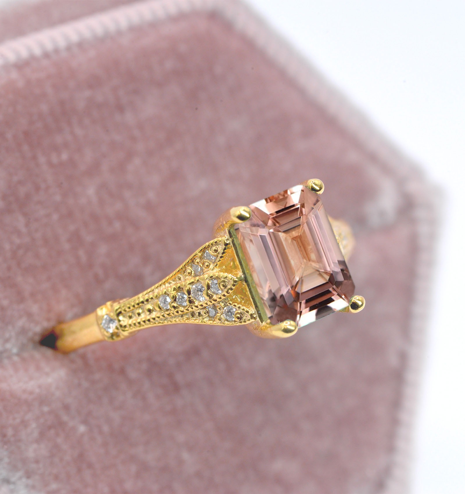 Morganite and diamond vintage gift ring with 8 x 6mm morganite and white diamonds. The unique and elegant ring comes with solid 9k,14k or 18k gold or platinum.