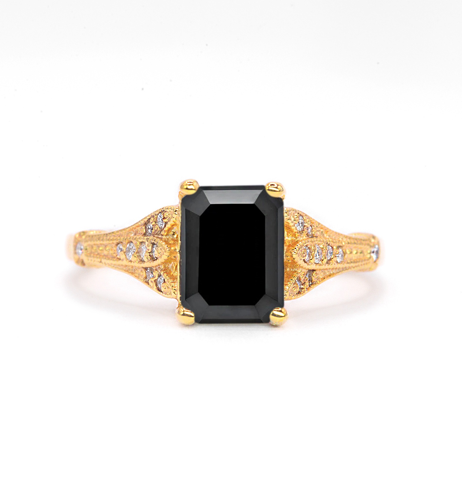 1.52ct black diamond vintage ring with 8 x 6mm emerald cut black diamond and white diamonds. The unique art deco style ring comes with solid 9k,14k or 18k gold or platinum.