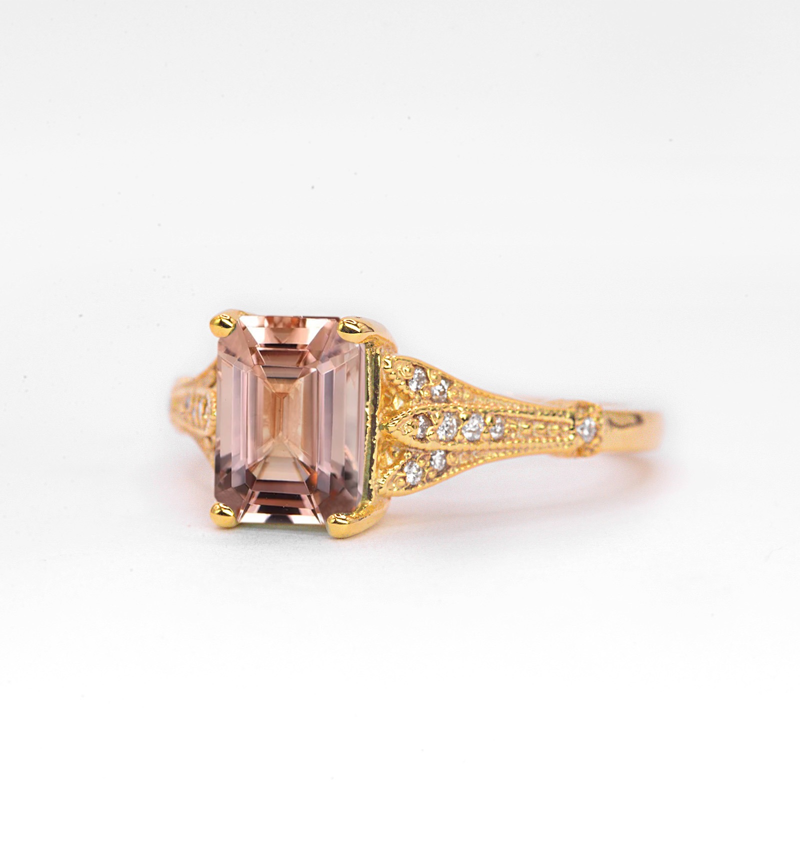 Morganite and diamond vintage gift ring with 8 x 6mm morganite and white diamonds. The unique and elegant ring comes with solid 9k,14k or 18k gold or platinum.