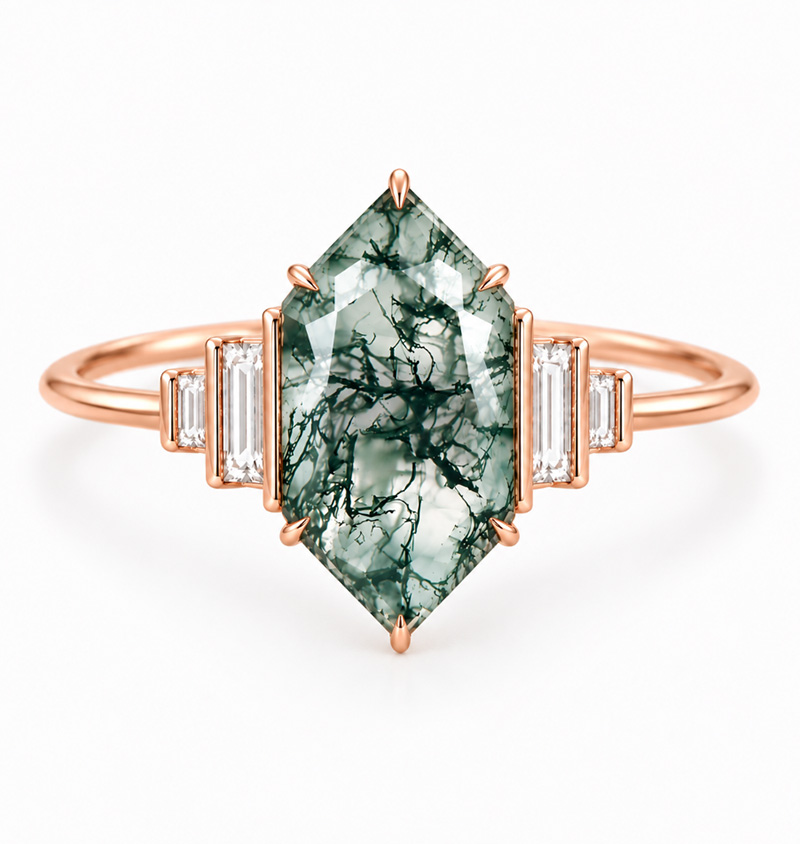 hexagon moss agate engagement ring