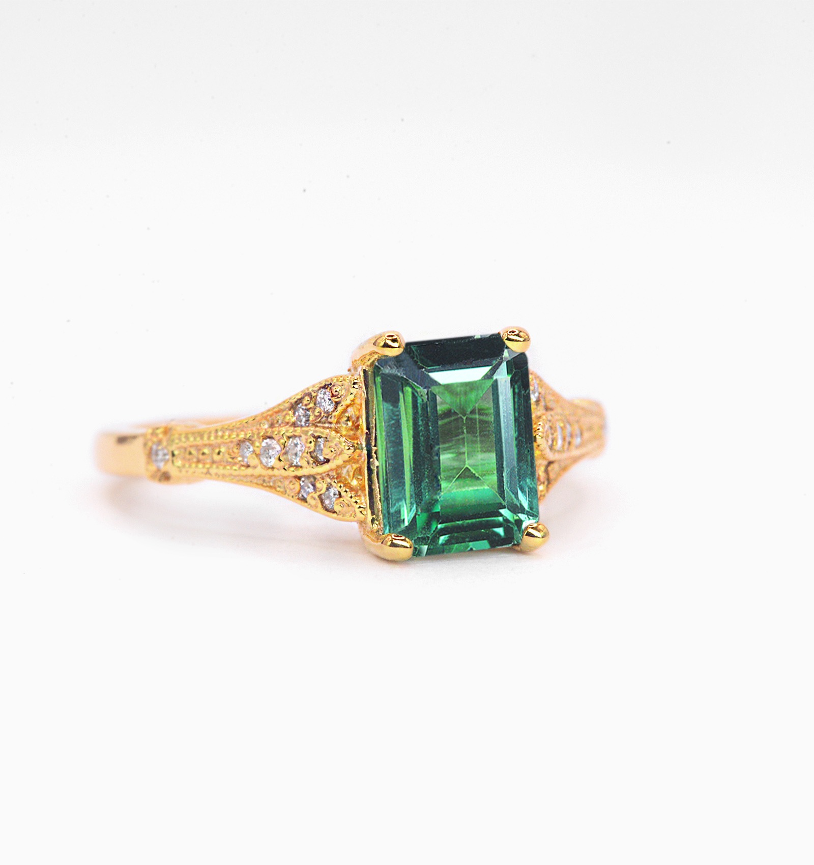 Mint green sapphire vintage ring with 8 x 6mm emerald cut mint green sapphire and white diamonds. The unique and elegant ring comes with solid 9k,14k or 18k gold or platinum.