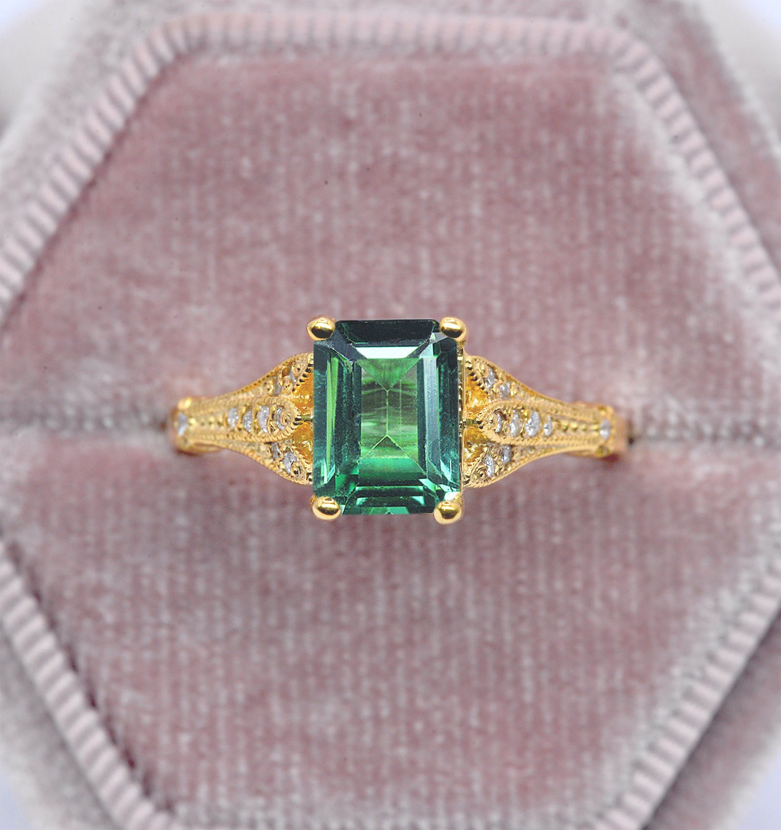 Mint green sapphire vintage ring with 8 x 6mm emerald cut mint green sapphire and white diamonds. The unique and elegant ring comes with solid 9k,14k or 18k gold or platinum.