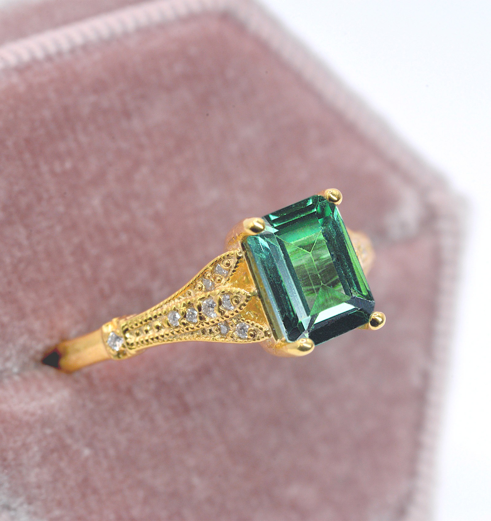 Mint green sapphire vintage ring with 8 x 6mm emerald cut mint green sapphire and white diamonds. The unique and elegant ring comes with solid 9k,14k or 18k gold or platinum.