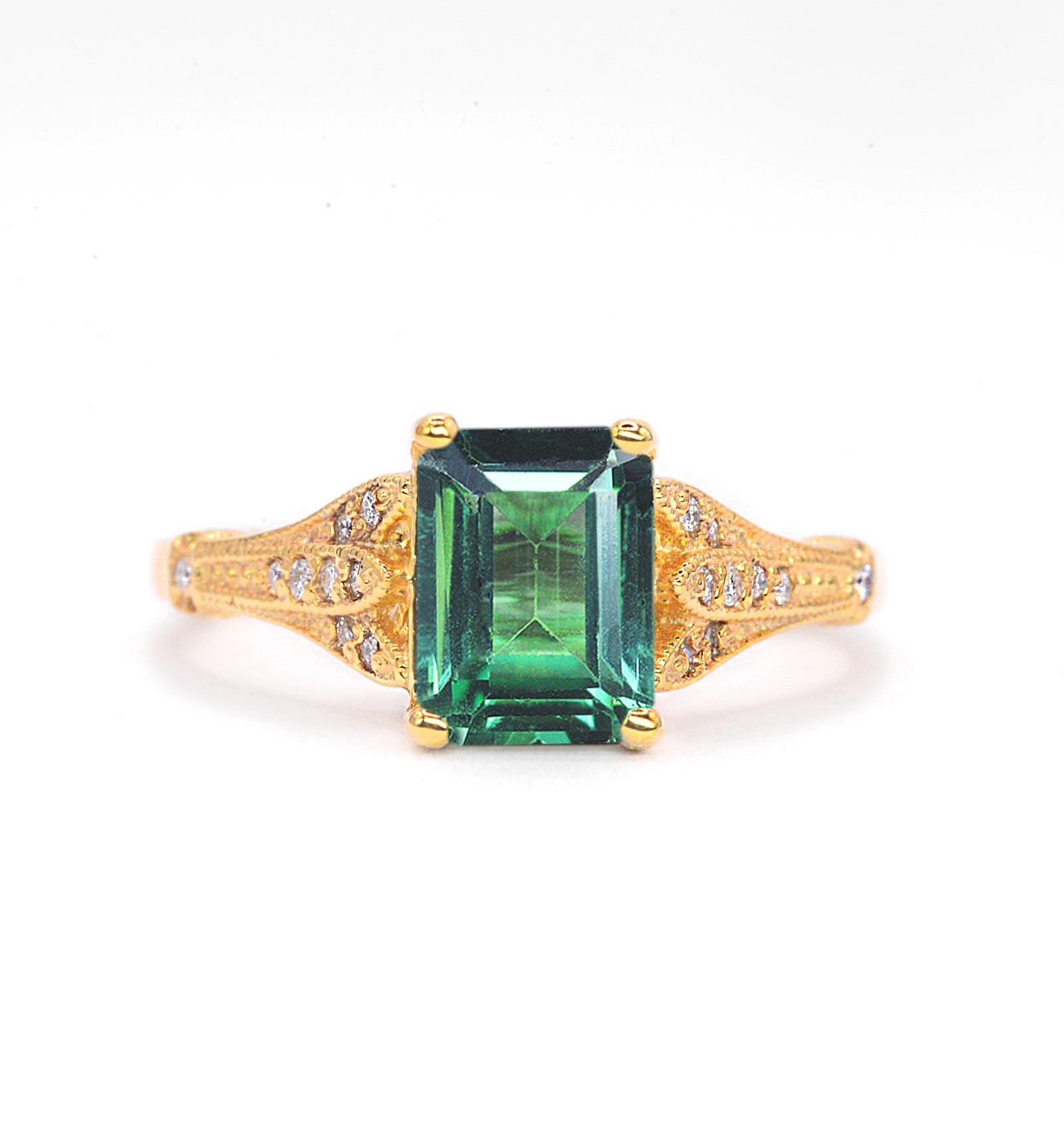 Mint green sapphire vintage ring with 8 x 6mm emerald cut mint green sapphire and white diamonds. The unique and elegant ring comes with solid 9k,14k or 18k gold or platinum.