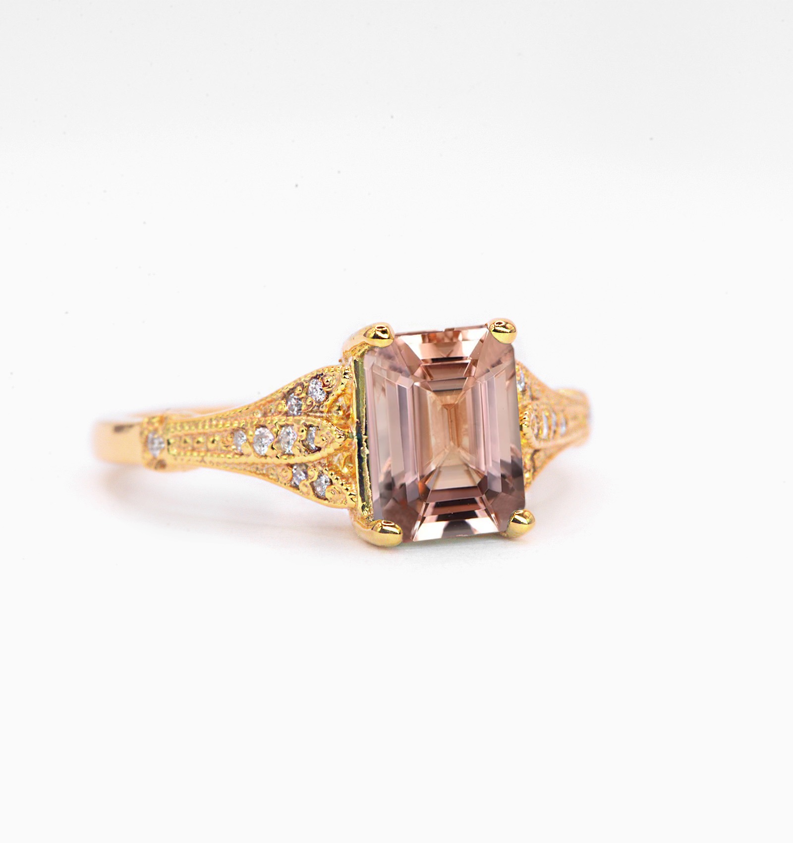Morganite and diamond vintage gift ring with 8 x 6mm morganite and white diamonds. The unique and elegant ring comes with solid 9k,14k or 18k gold or platinum.
