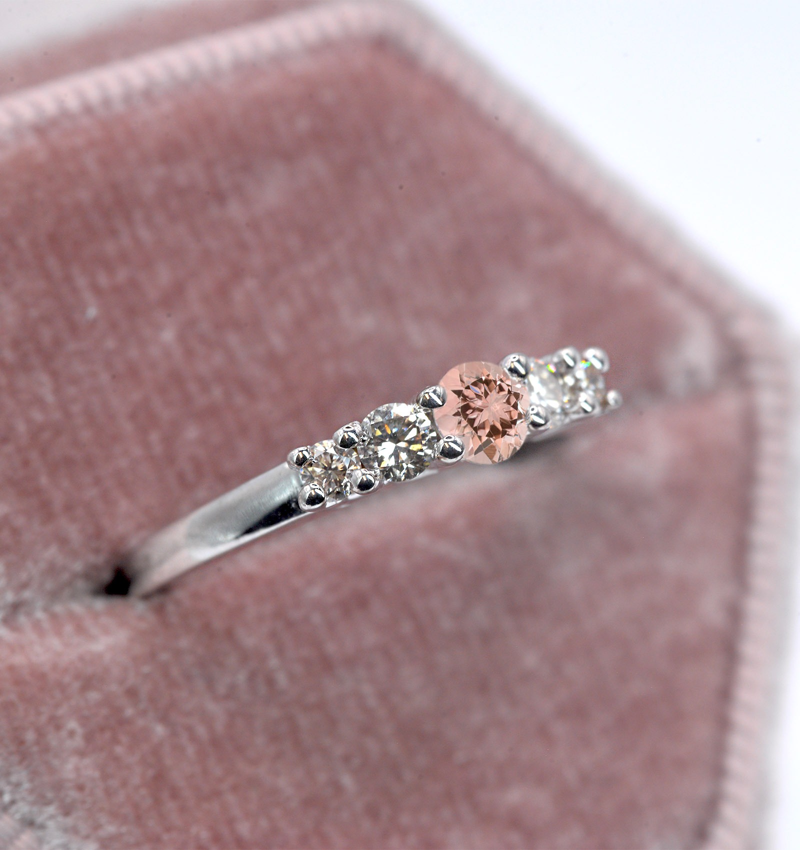 4mm morganite and diamond ring with 4.5mm round morganite and white diamonds. The unique art deco style ring comes with solid 9k,14k or 18k gold or platinum.