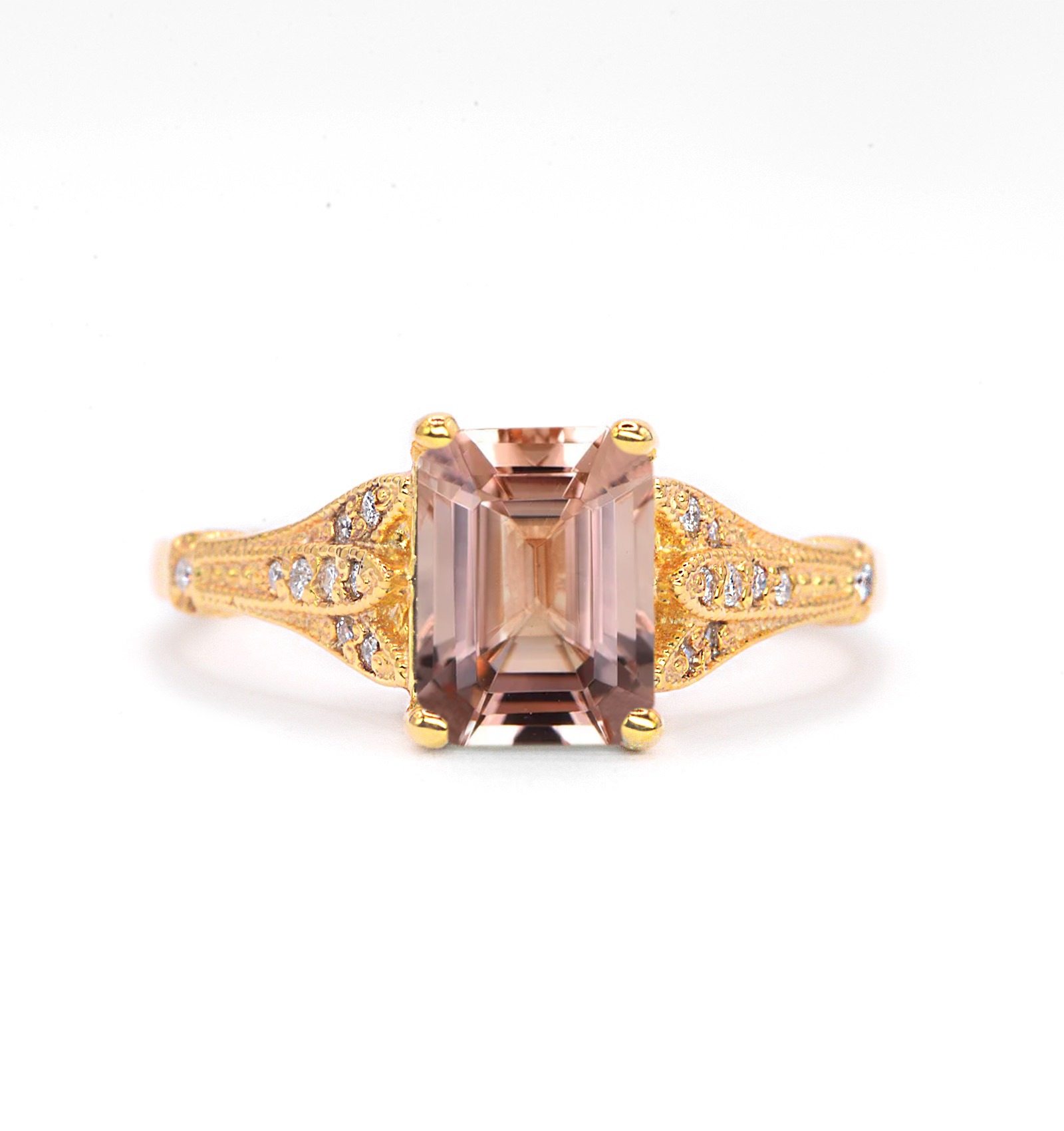 Morganite and diamond vintage gift ring with 8 x 6mm morganite and white diamonds. The unique and elegant ring comes with solid 9k,14k or 18k gold or platinum.