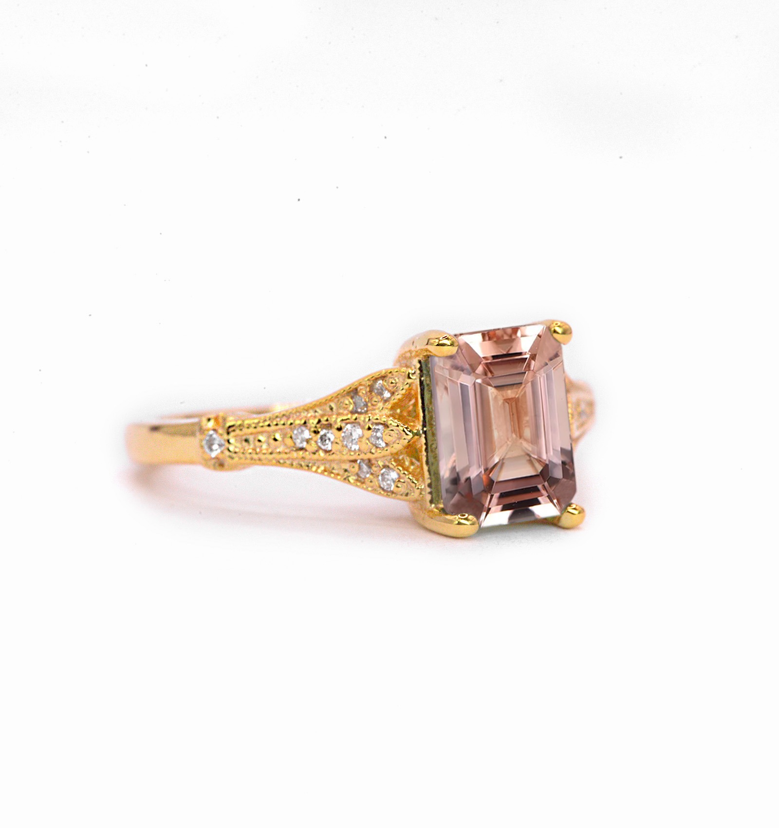 Morganite and diamond vintage gift ring with 8 x 6mm morganite and white diamonds. The unique and elegant ring comes with solid 9k,14k or 18k gold or platinum.
