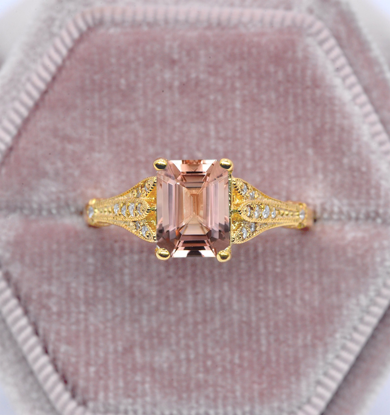 Morganite and diamond vintage gift ring with 8 x 6mm morganite and white diamonds. The unique and elegant ring comes with solid 9k,14k or 18k gold or platinum.