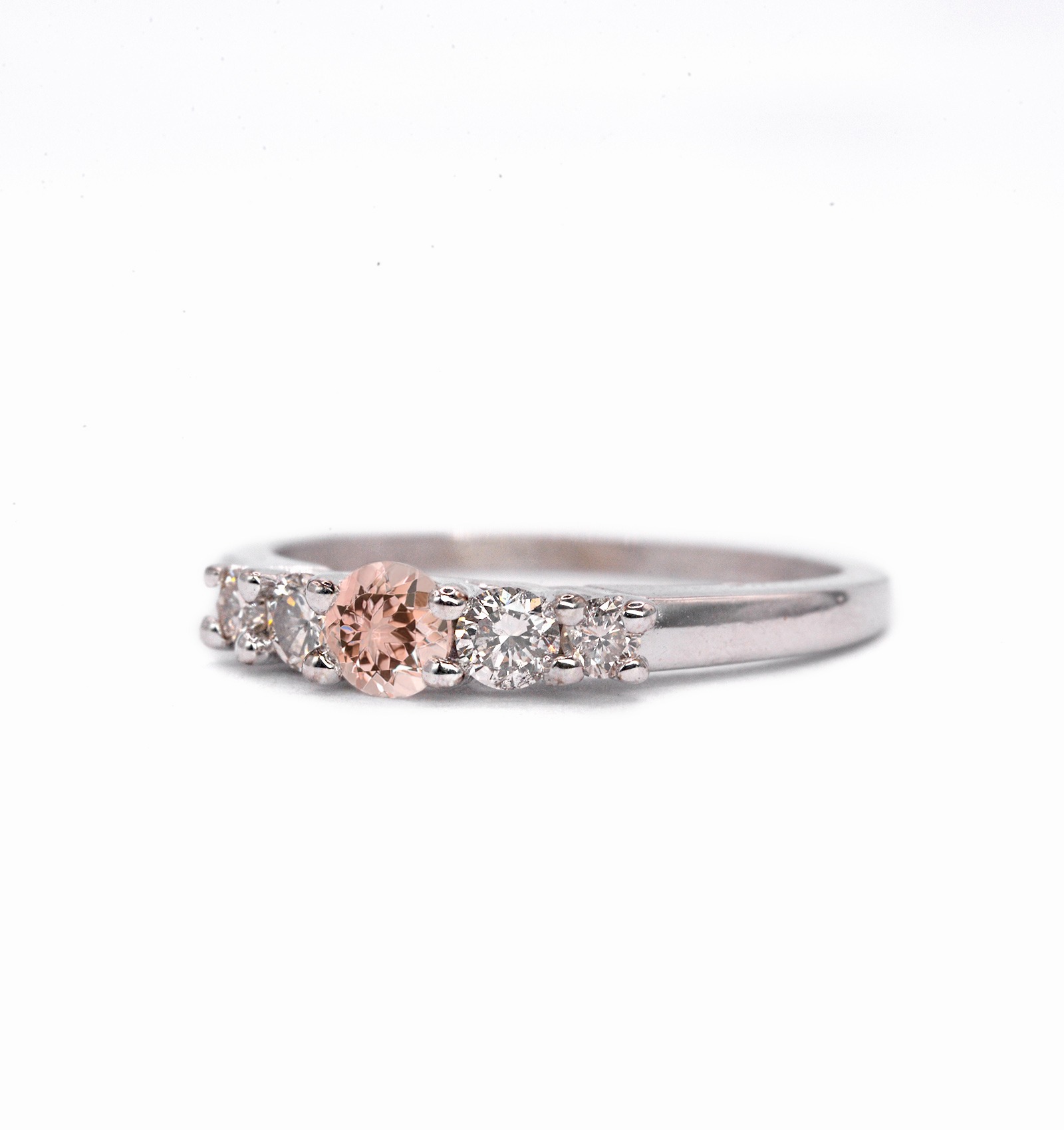 4mm morganite and diamond ring with 4.5mm round morganite and white diamonds. The unique art deco style ring comes with solid 9k,14k or 18k gold or platinum.