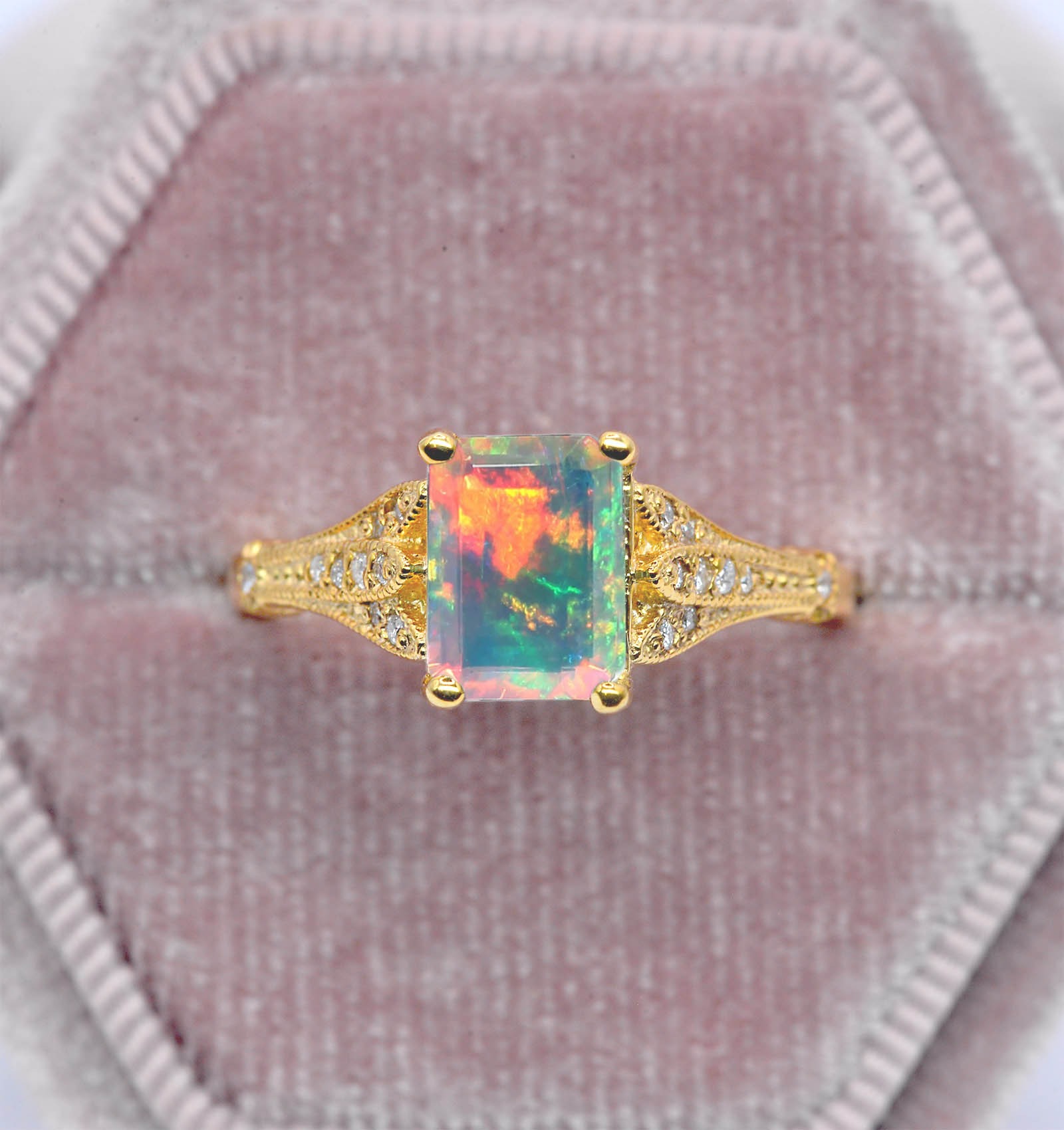 Natural opal and diamond vintage ring with 8 x 6mm natural white opal and white diamonds. The unique and elegant ring comes with solid 9k,14k or 18k gold or platinum.