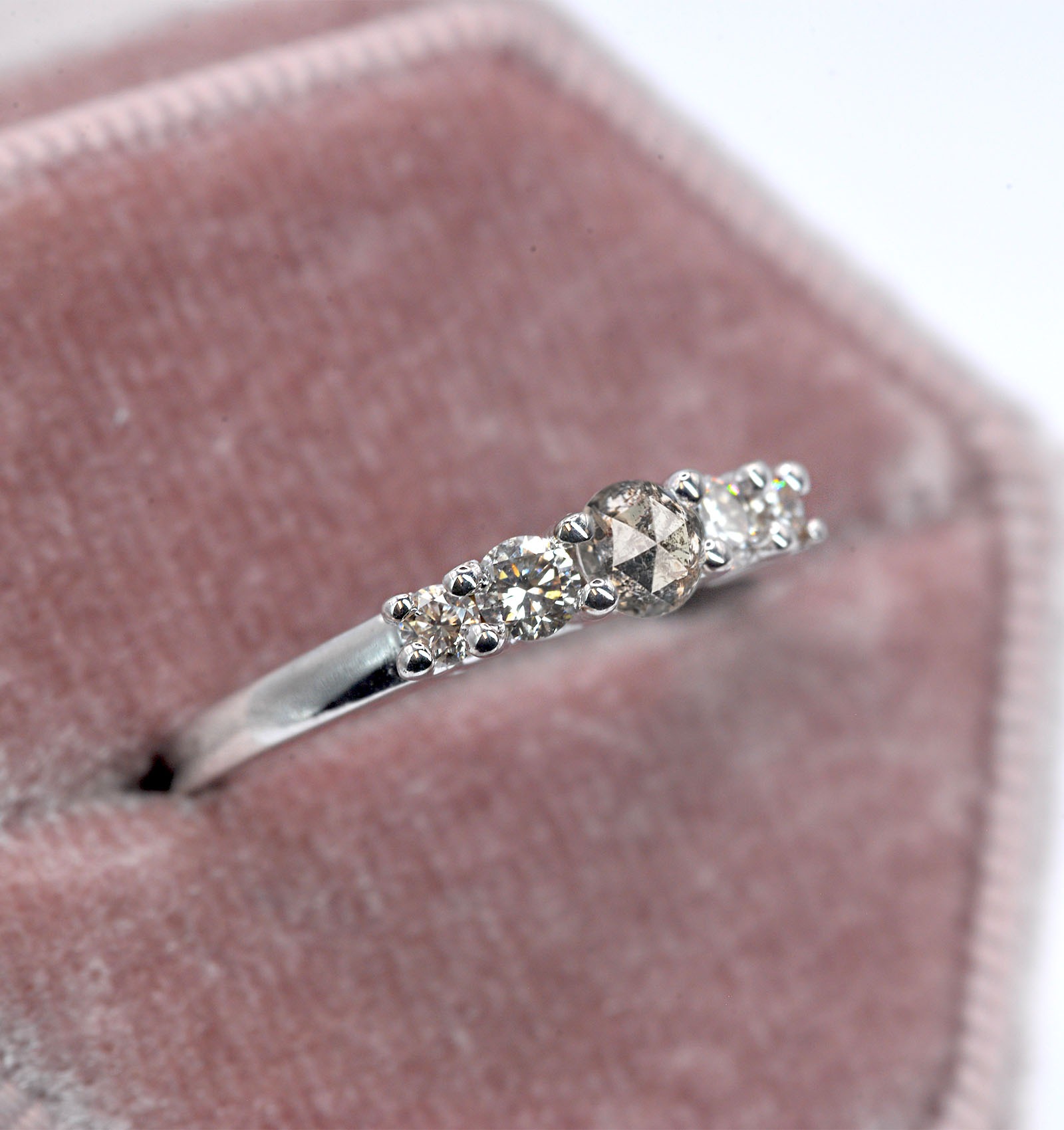 1.0ct salt and pepper diamond white gold ring for her with salt and pepper diamond and white diamonds. This unique ring comes in 9k,14k or 18k rose gold.