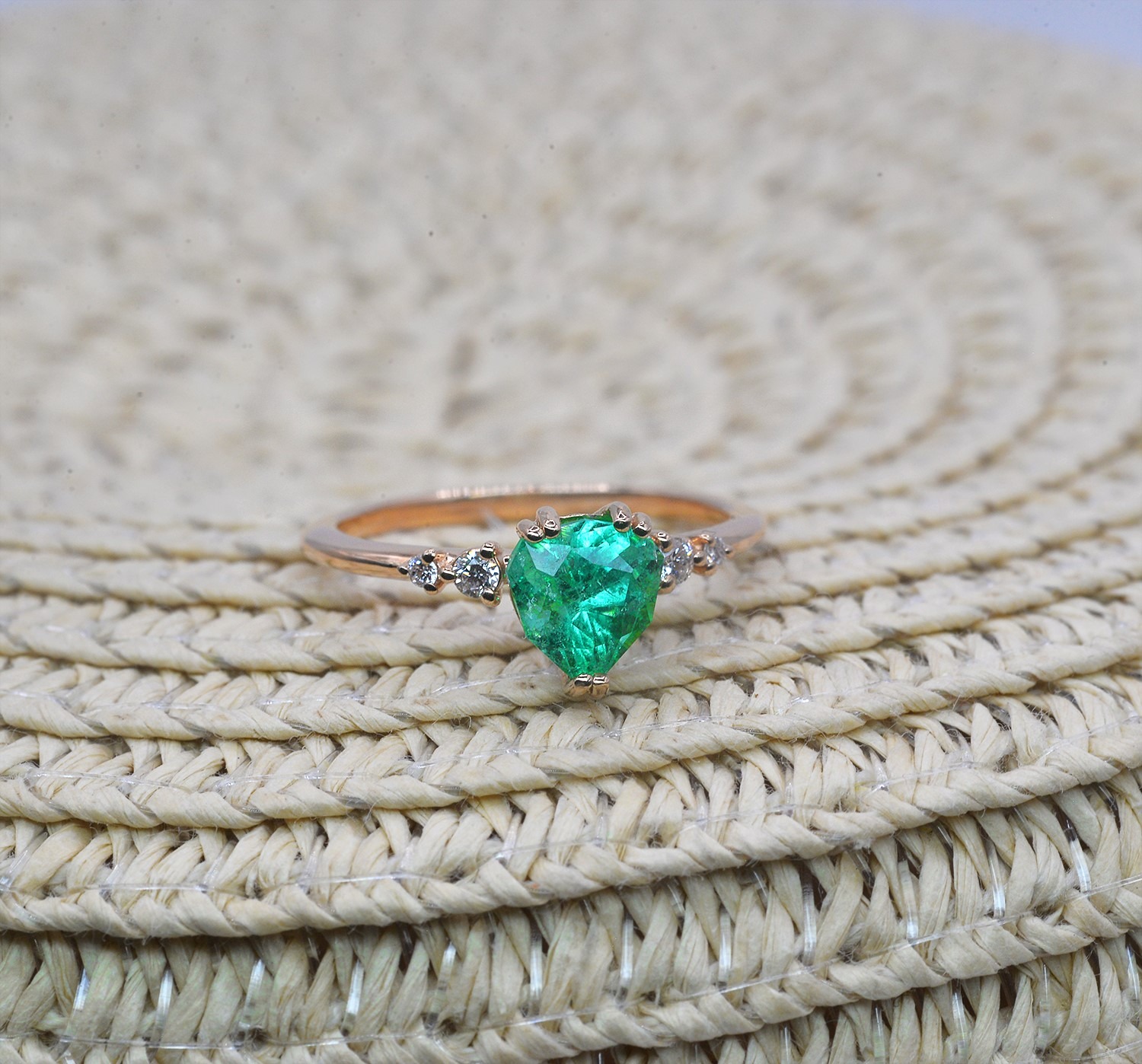 Natural emerald unique art deco ring with unique emerald and white diamonds. This unique art deco ring comes with solid 9k,14k or 18k rose gold.