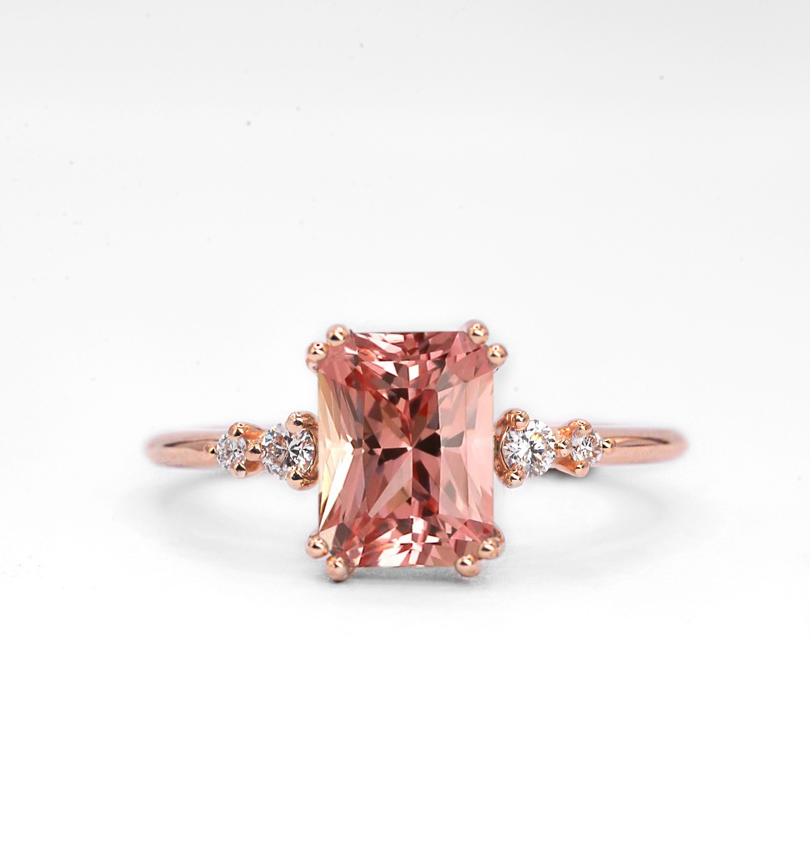 8 x 6mm natural morganite rose gold ring with 8 x 6mm emerald cut morganite and white diamonds. The unique art deco style ring comes with solid 9k,14k or 18k gold or platinum.