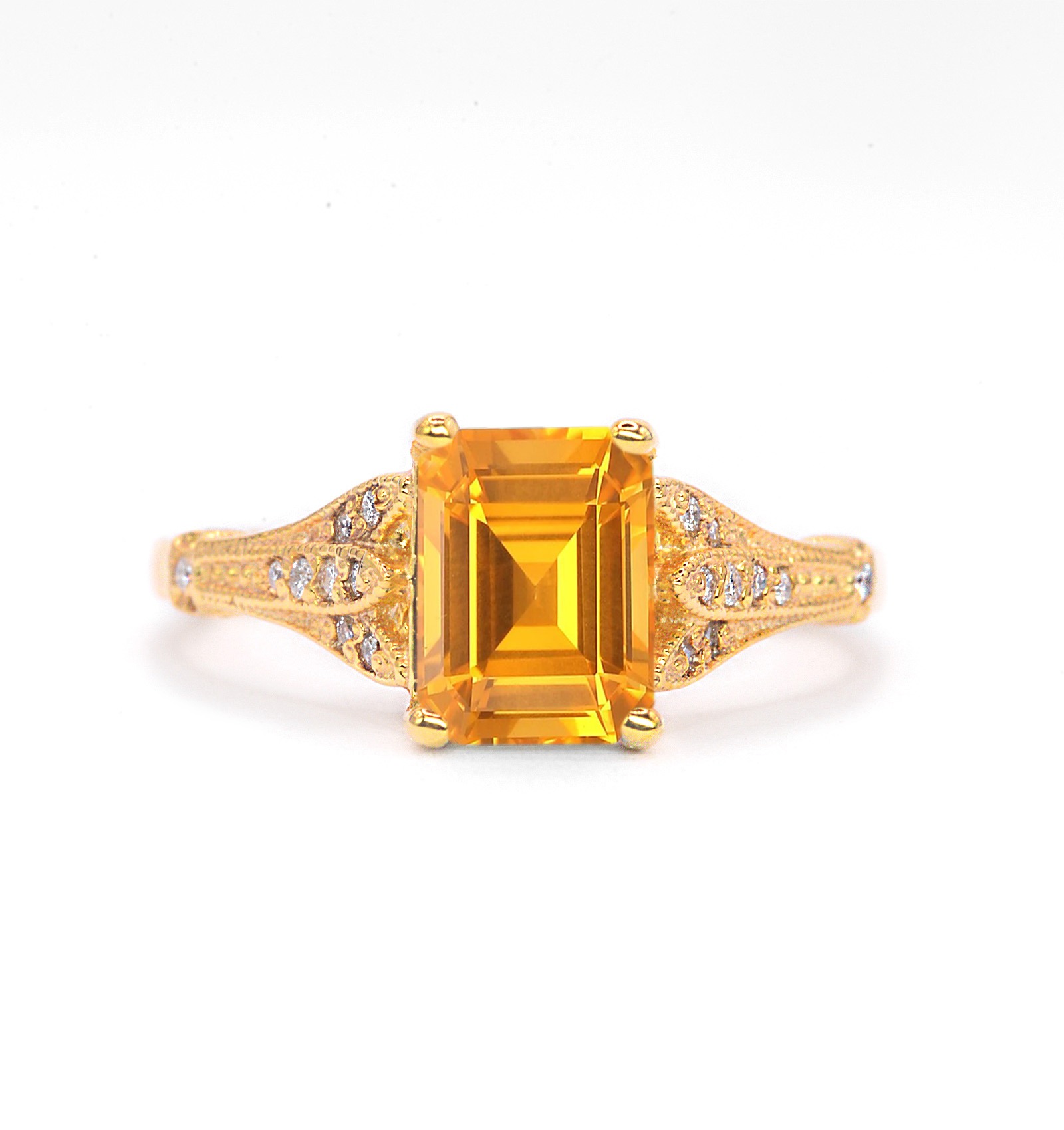 Emerald cut yellow sapphire vintage ring with 8 x 6mm natural yellow sapphire and white diamonds. The unique and elegant ring comes with solid 9k,14k or 18k gold or platinum.