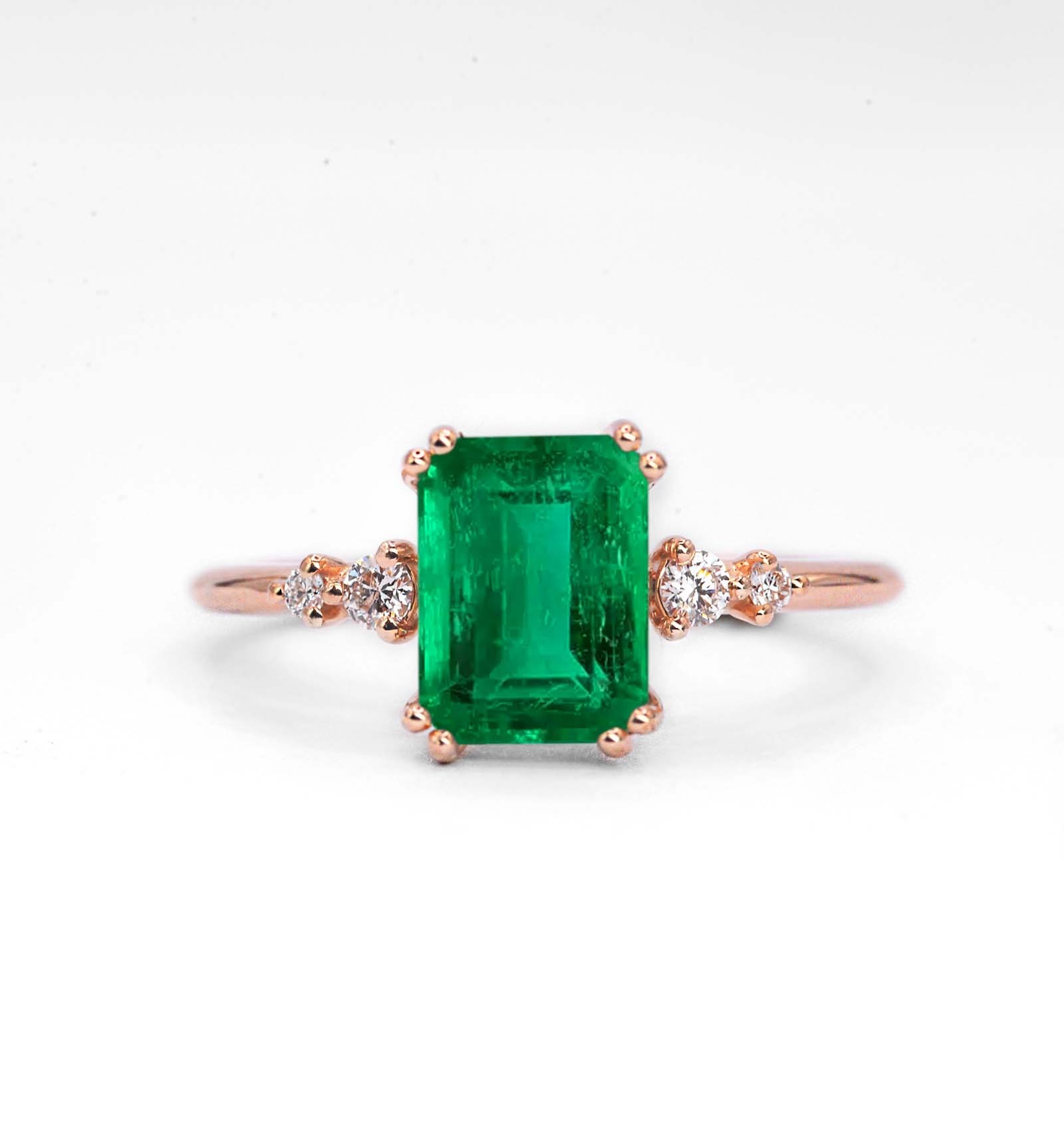 Emerald shape emerald art deco ring for her with emerald and white diamonds. This unique ring comes in solid 9k,14k or 18k rose gold.