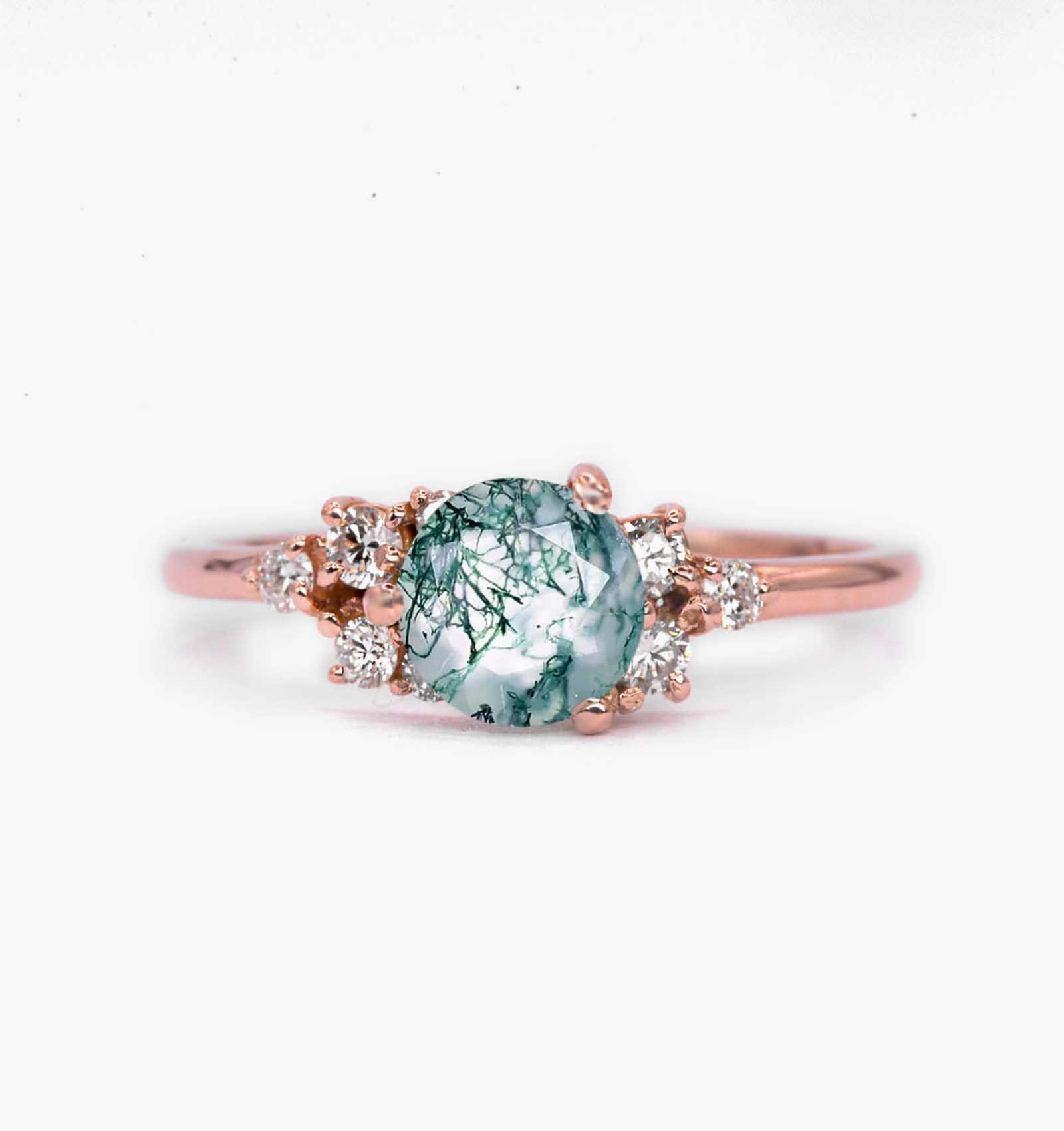 Moss agate cluster engagement ring for her. This unique bespoke engagement ring comes with any solid 9k,14k or 18k gold or platinum.
