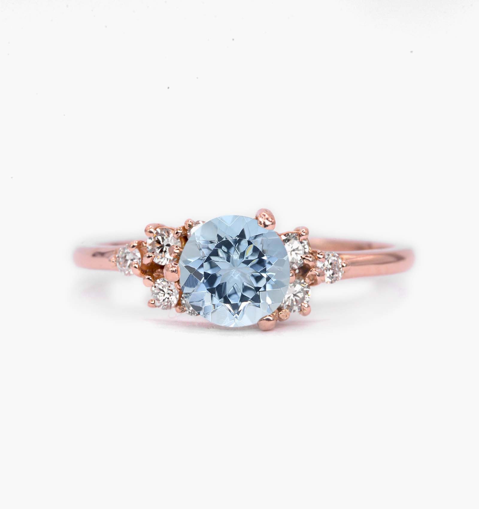 This round aquamarine art deco cluster ring featuring 6mm aquamarine and round shape diamonds. A perfectly handmade unique ring for engagement or any other special occasions. Cand be found in 9k,14k, 18k yellow, rose, white gold or platinum.